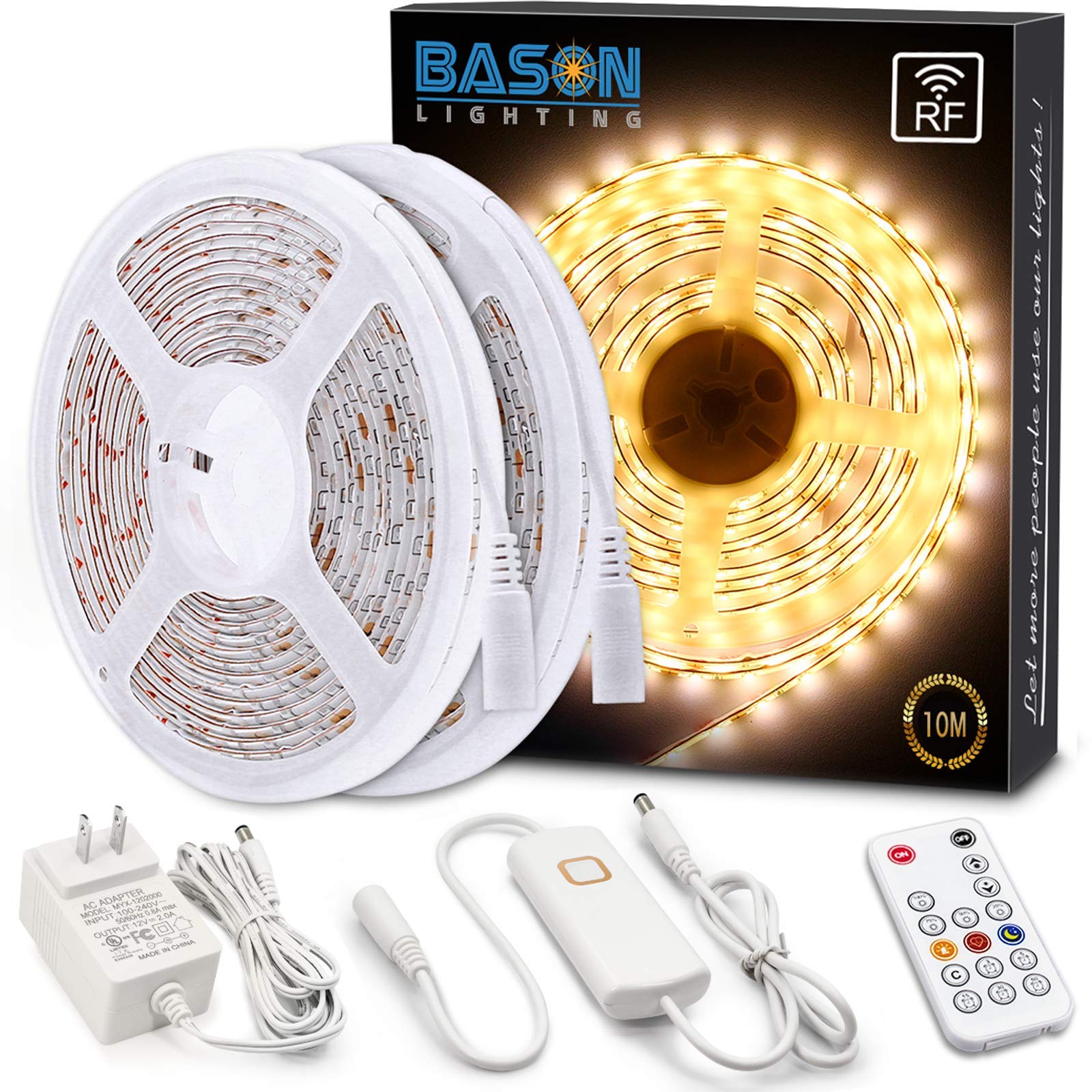 BASON LIGHTING 32.8ft LED Strip Lights - 3000K Warm White Dimmable Under Cabinet Lighting with RF Remote, SMD 2835 12V LED Rope Light for Kitchen, Bedroom, Bookshelf - Waterproof & Easy Installation for Home Decor, Accent Lighting, and DIY Projects