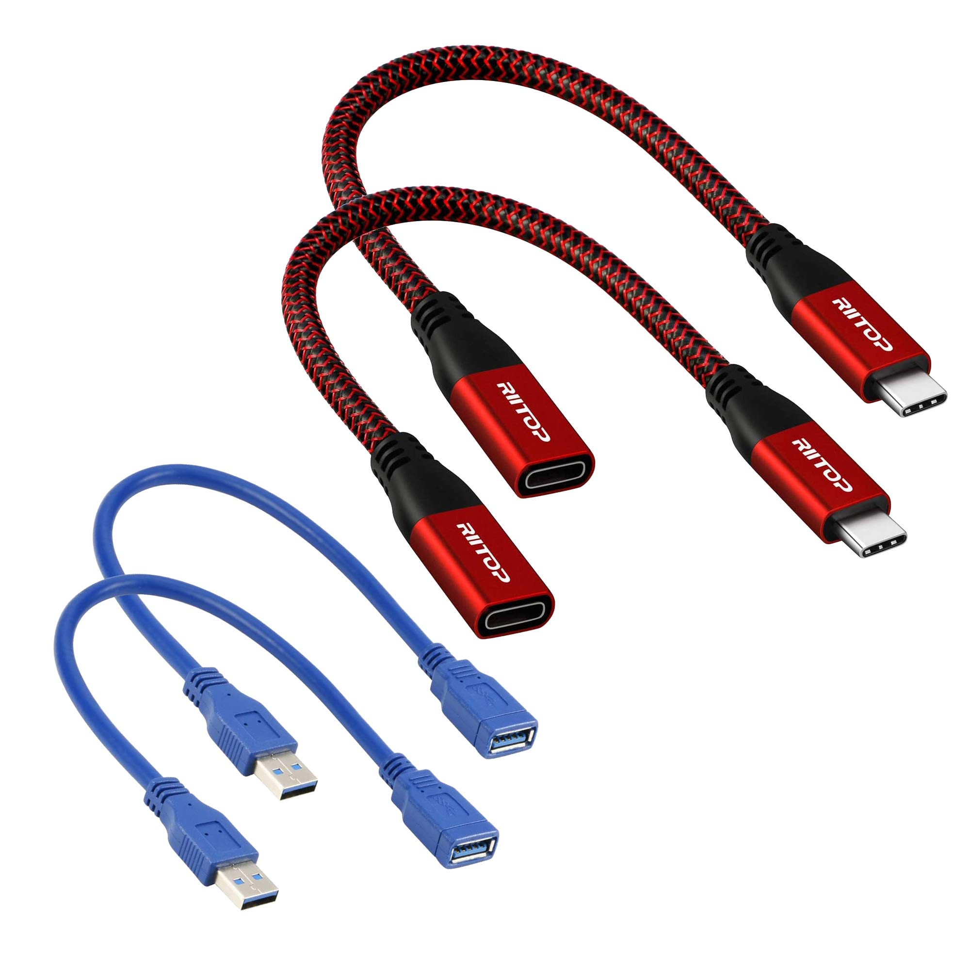 RIITOP USB 3.0 & 3.1 Extension Cables Combo Pack - 1Ft & 7.8inch High-Speed Data Transfer Cables (2-Pack Each) - Perfect for Laptop, PC, Printer, Hard Drive & Gaming Setup