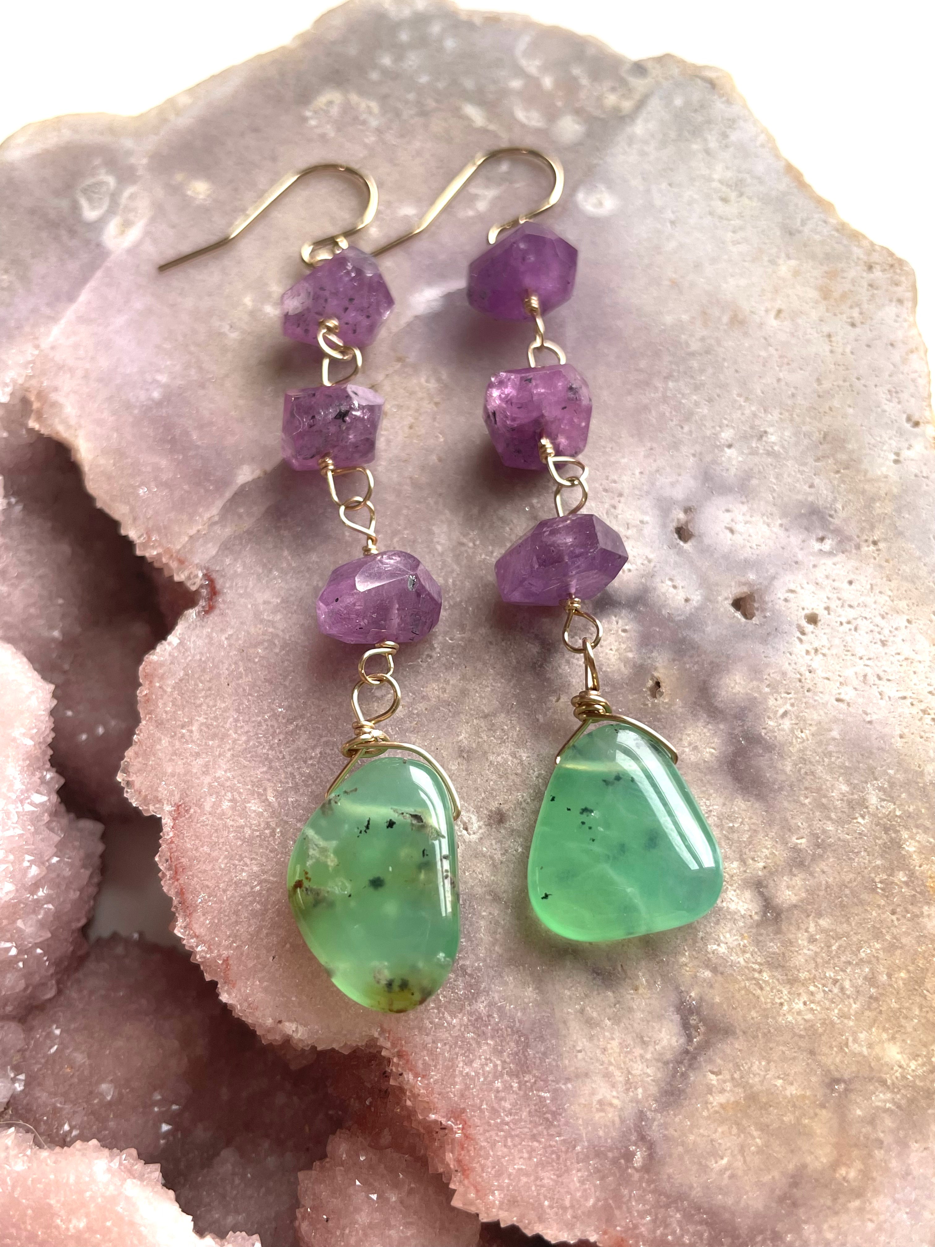 Natural Pink Sapphire & Chrysoprase Gold Filled Crystal Dangle Earrings for Women - Elegant Boho Jewelry for Parties, Weddings & Everyday Wear