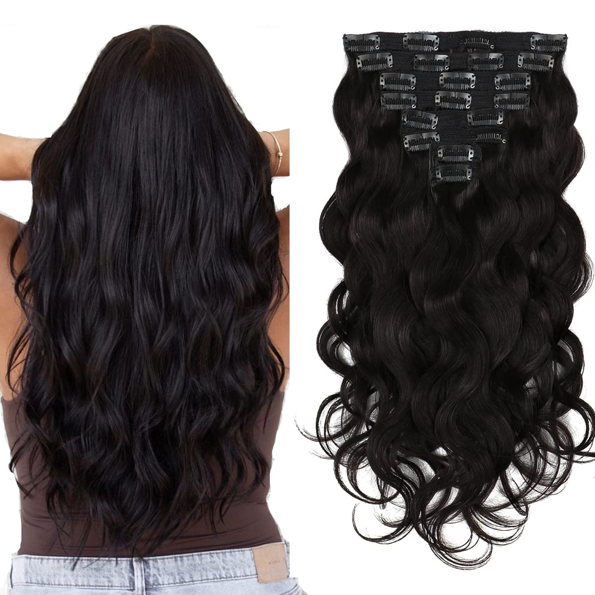 Clip in Human Hair Extensions 16inch - 8pcs 120g Body Wave Real Hair Extensions #1B Natural Black for Women | Soft Wavy Hairpiece for Volume & Length | Perfect for Parties, Weddings & Everyday Styling