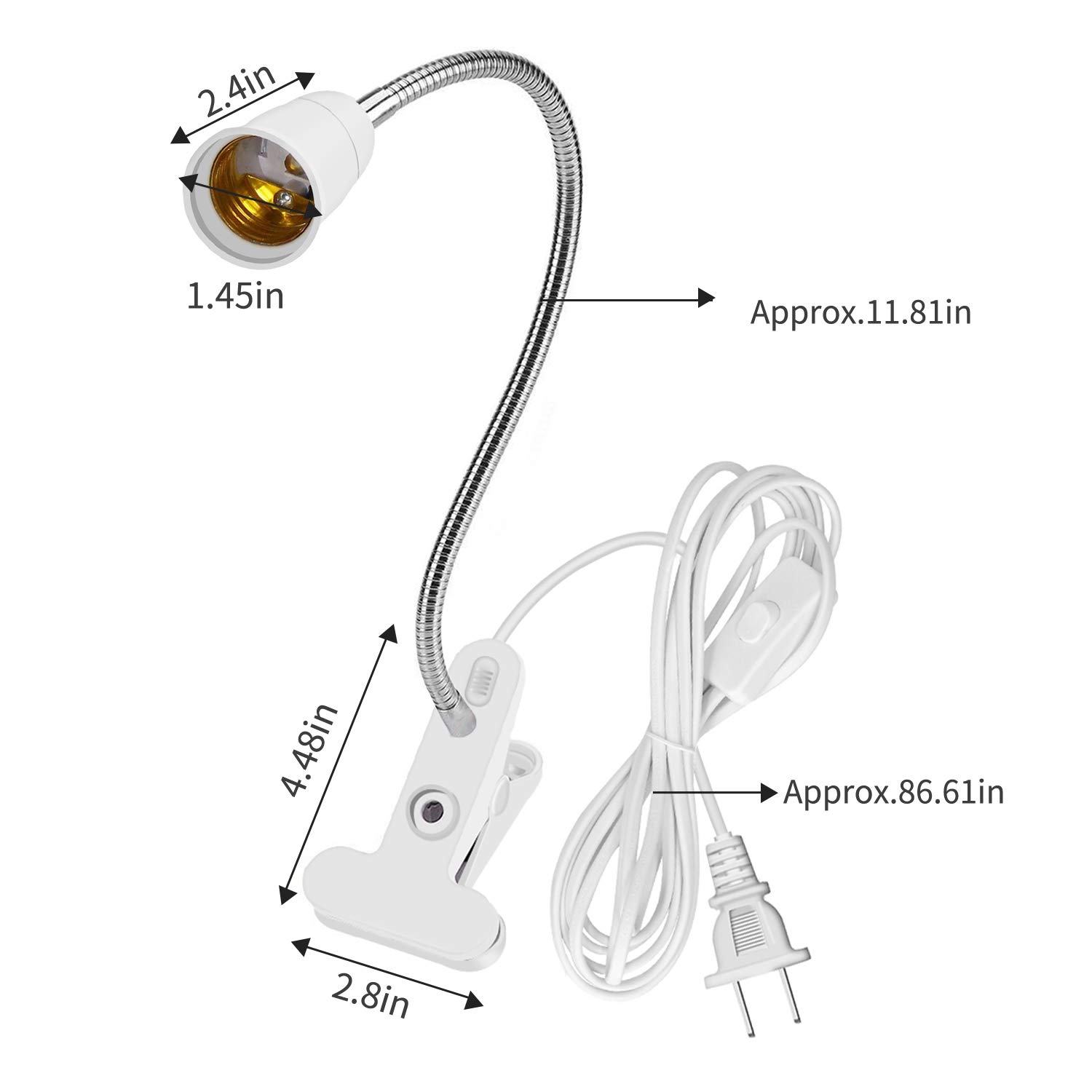 2-Pack Aluminum Wire Neck Clip Light Socket with Switch & 6.8ft Cable - Adjustable E26/E27 Desk Clip Lamp Holder for Aquarium, Plant Growth & Workspace Lighting