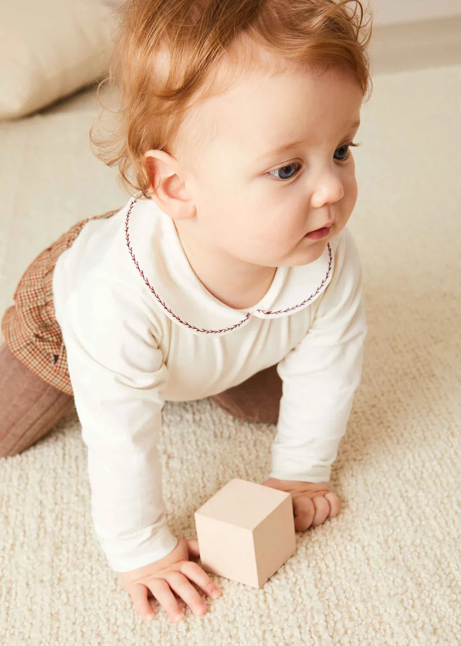 Embroidered Peter Pan Collar Long Sleeve Bodysuit for Baby Girls 1-36 Months - Soft Burgundy Cotton Romper for Newborn to Toddler | Perfect for Family Photos, Holiday Outfits & Everyday Wear