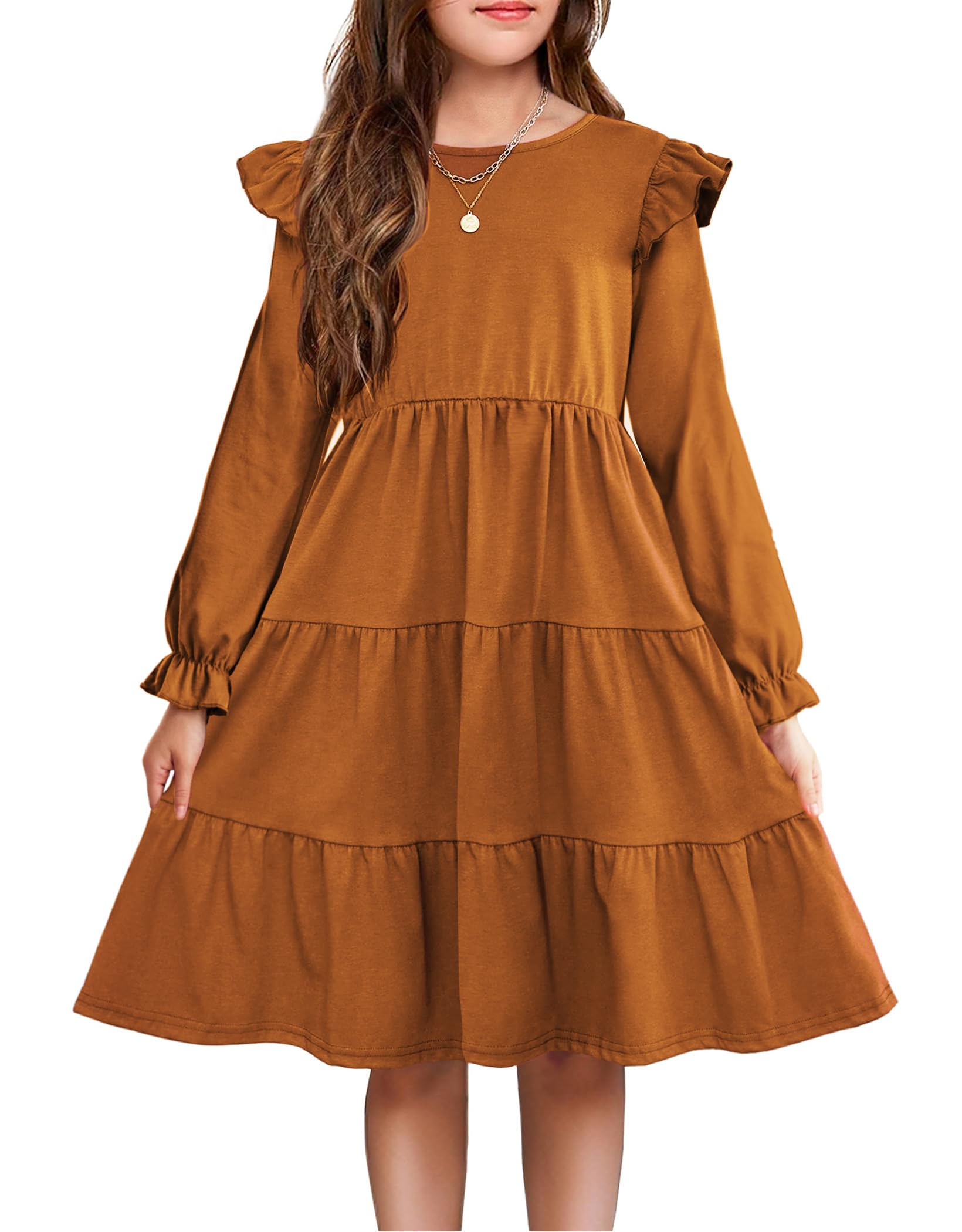 Arshiner Girls Ruffle Sleeve Tiered Flared Midi Dress with Pockets - Fall Flowy Party Dress for Kids, School, Birthday & Special Occasions