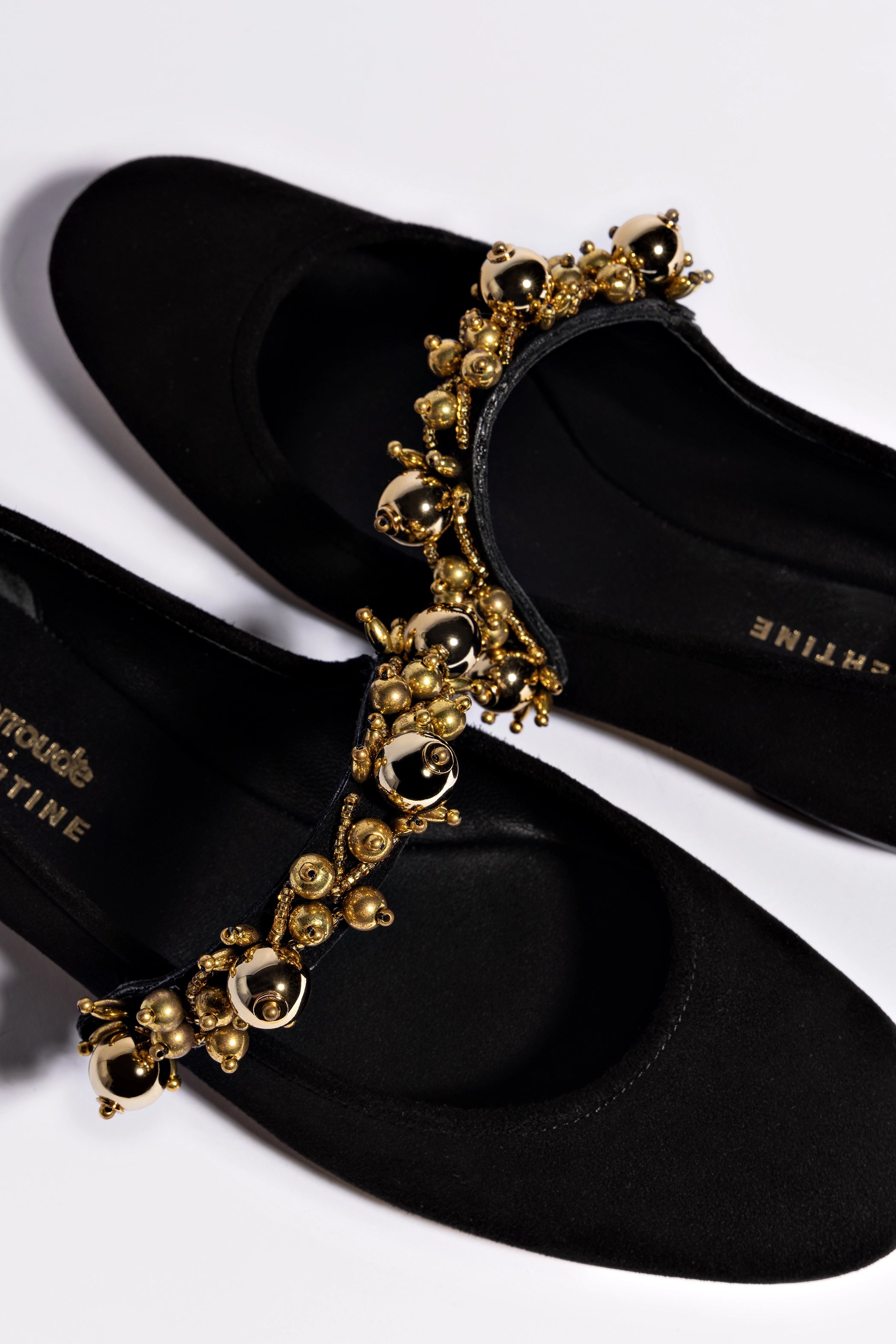Larroudé x Libertine Verona Black Suede Heels with Golden Balls - Elegant Women's Shoes for Parties, Weddings & Special Occasions
