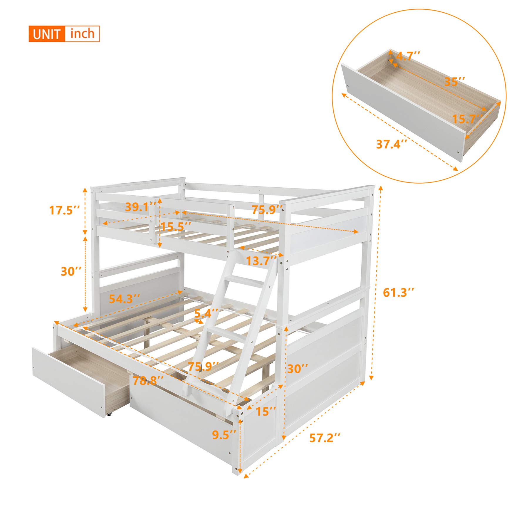 Twin Over Full Bunk Bed with Storage Drawers - Solid Wood Bunk Bed Frame, No Box Spring Needed, White | Space-Saving Kids & Guest Room Solution for Small Apartments & Dorm Rooms