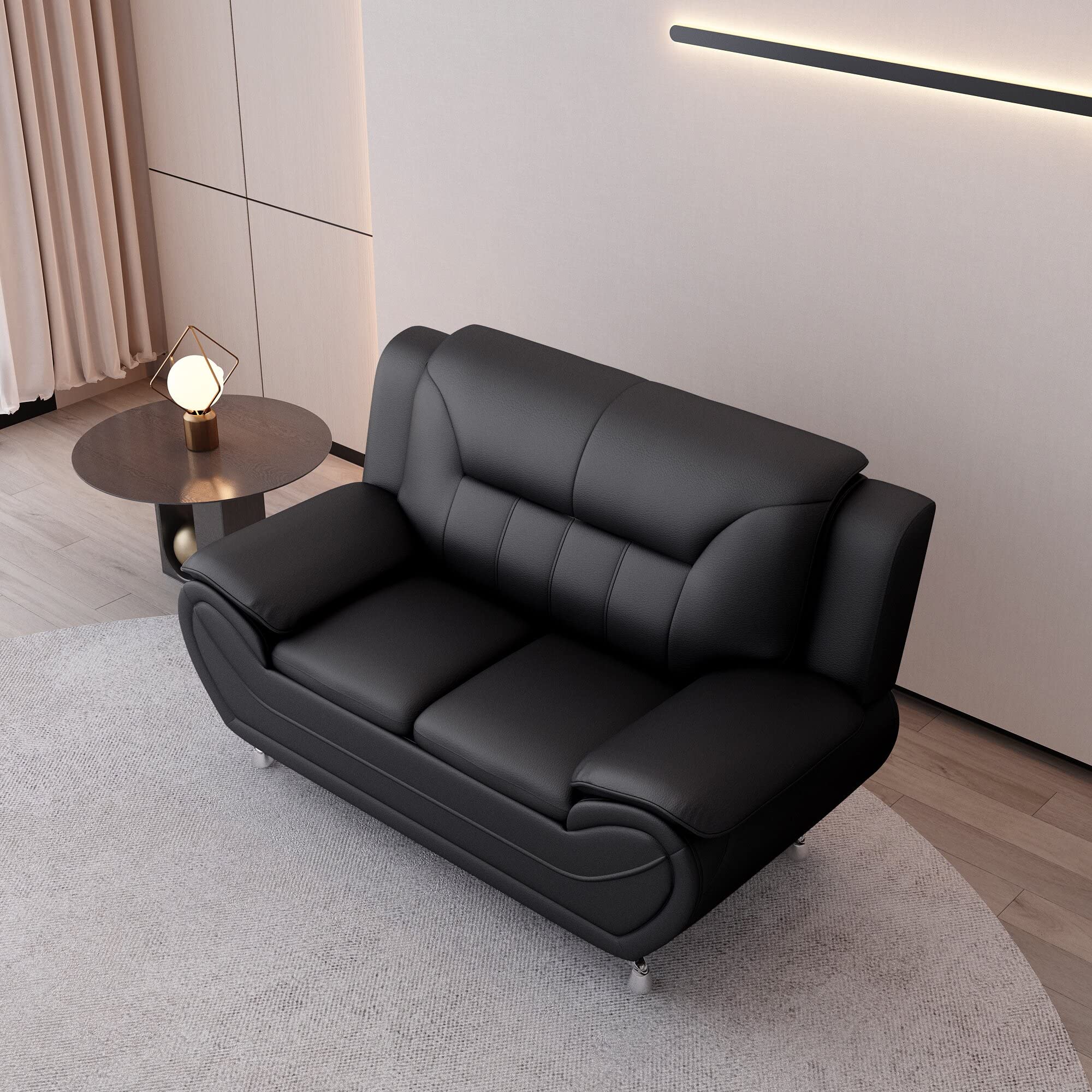 Michael Modern Faux Leather Upholstered Sofa with Stainless Steel Legs - Loveseat & Living Room Couch in Midnight Black | Perfect for Small Spaces, Apartments & Contemporary Home Decor