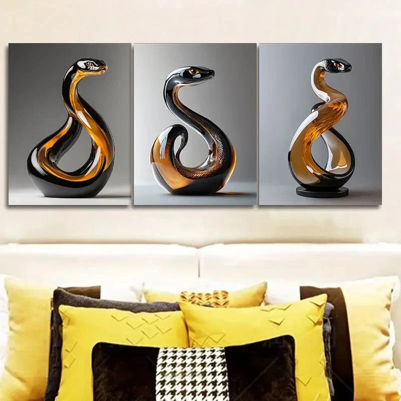 3-Piece Elegant Snake Glass Sculpture Wall Art Set - Framed Canvas 40x60cm - High Quality Print - 100% Australian Made - Ready to Hang - Perfect for Living Room, Bedroom & Office Decor
