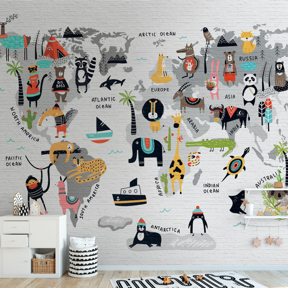 Animal World Map Wall Art - Decorative Wildlife Poster for Home, Office & Classroom Decor