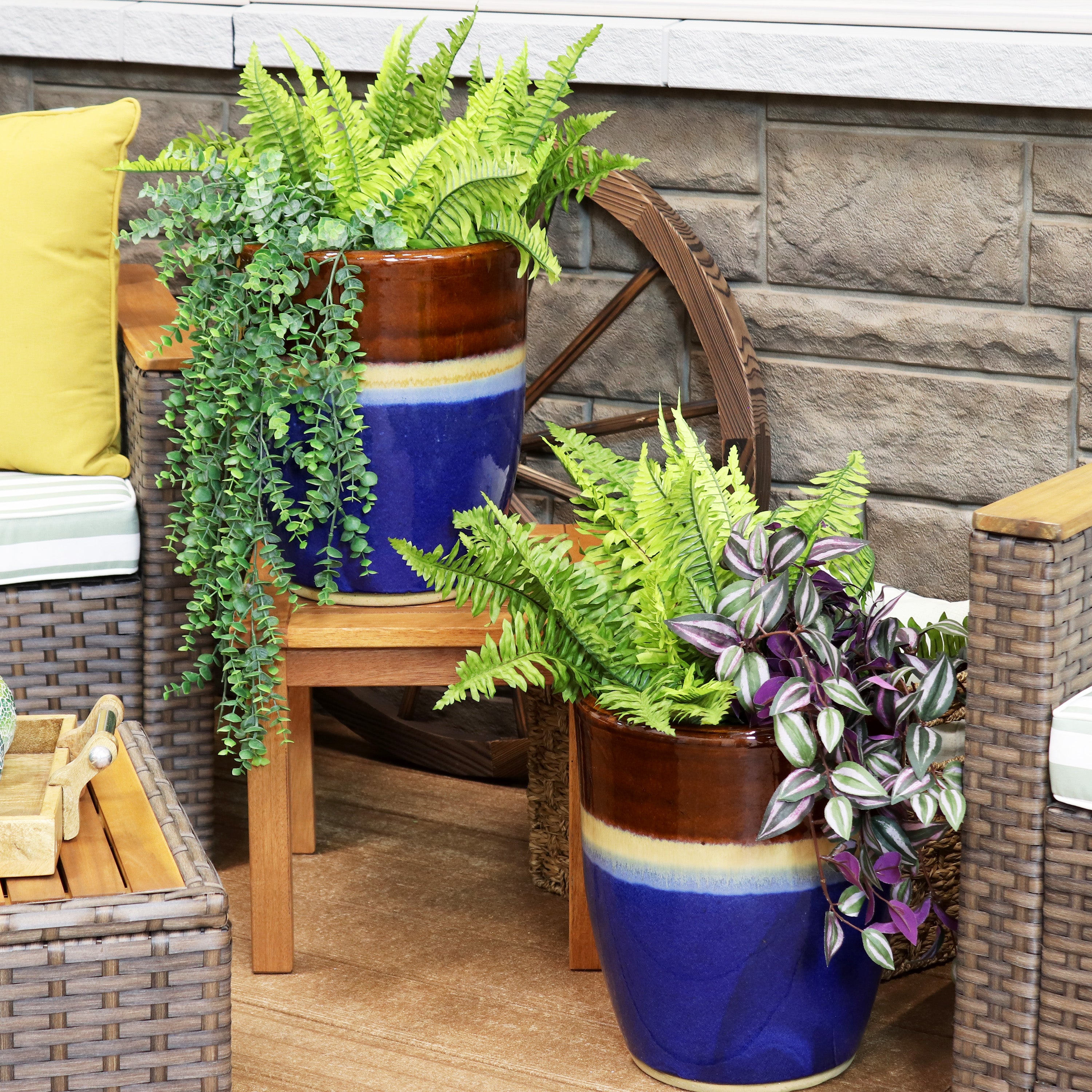 Sunnydaze Set of 2 Captivating Vista Ceramic Planters - 11 Inch Indoor/Outdoor Flower Pots for Home Garden, Patio, Balcony Decor - Perfect for Succulents, Herbs, and Small Plants