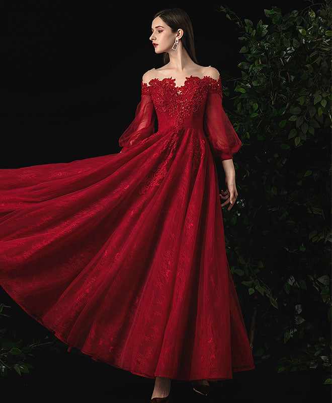 Elegant Burgundy Round Neck Tulle Lace Prom Dress | Formal Evening Gown for Homecoming, Wedding & Special Occasions