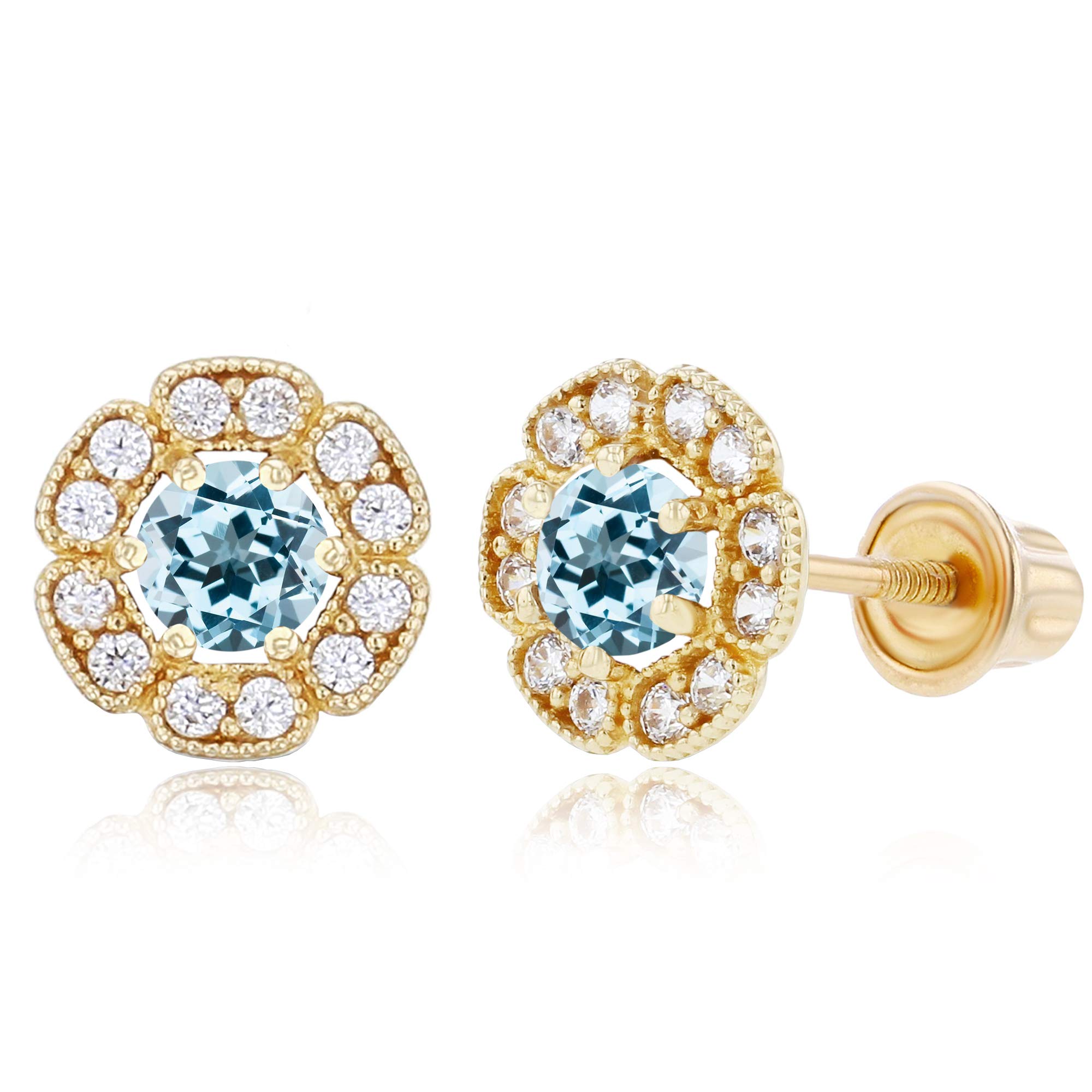 14K Solid Gold 6mm Natural Birthstone Flower Screwback Stud Earrings for Women | 7mm Round Birthstone | 1mm Created White Sapphire Floral Earrings | Perfect for Birthdays, Anniversaries & Everyday Elegance