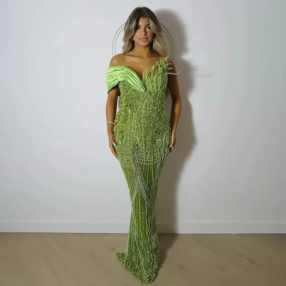 Elegant Arabic Green Mermaid One Shoulder Beaded Long Evening Dress Gown for Women - Luxury Dubai Style Formal Wear for Prom, Wedding & Special Occasions LA72650