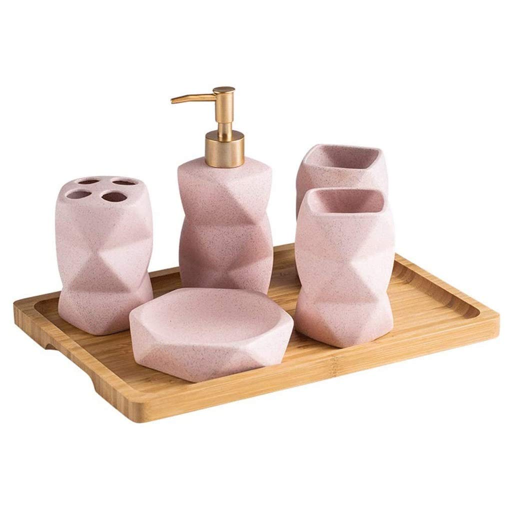 OMIDM 6-Piece Ceramic Bathroom Accessories Set - Geometric Design Soap Dispenser, Toothbrush Holder, Bamboo Tray & More for Modern Bathroom Decor (Pink) - Perfect for Home, Hotel & Spa Use