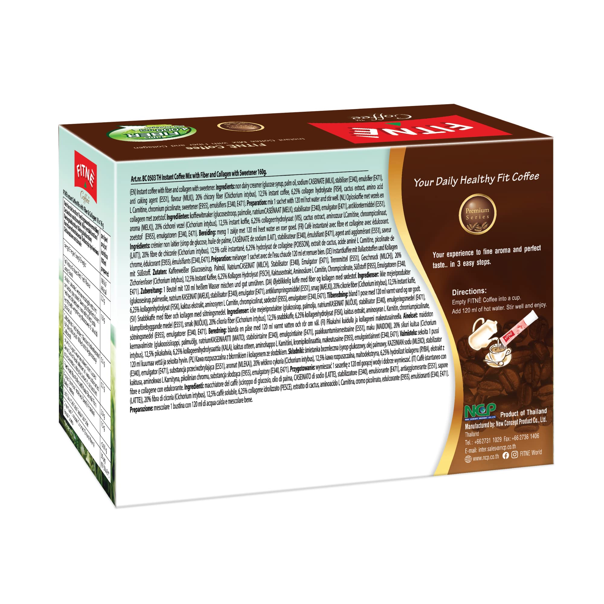 FITNE Premium Instant Coffee Packets with 4,000mg Fiber, Collagen, Cactus Extract & L-Carnitine - Sugar-Free, Chromium-Rich, Sucralose Sweetener (10 Sticks) - Perfect for Weight Management & Energy Boost at Home or Office
