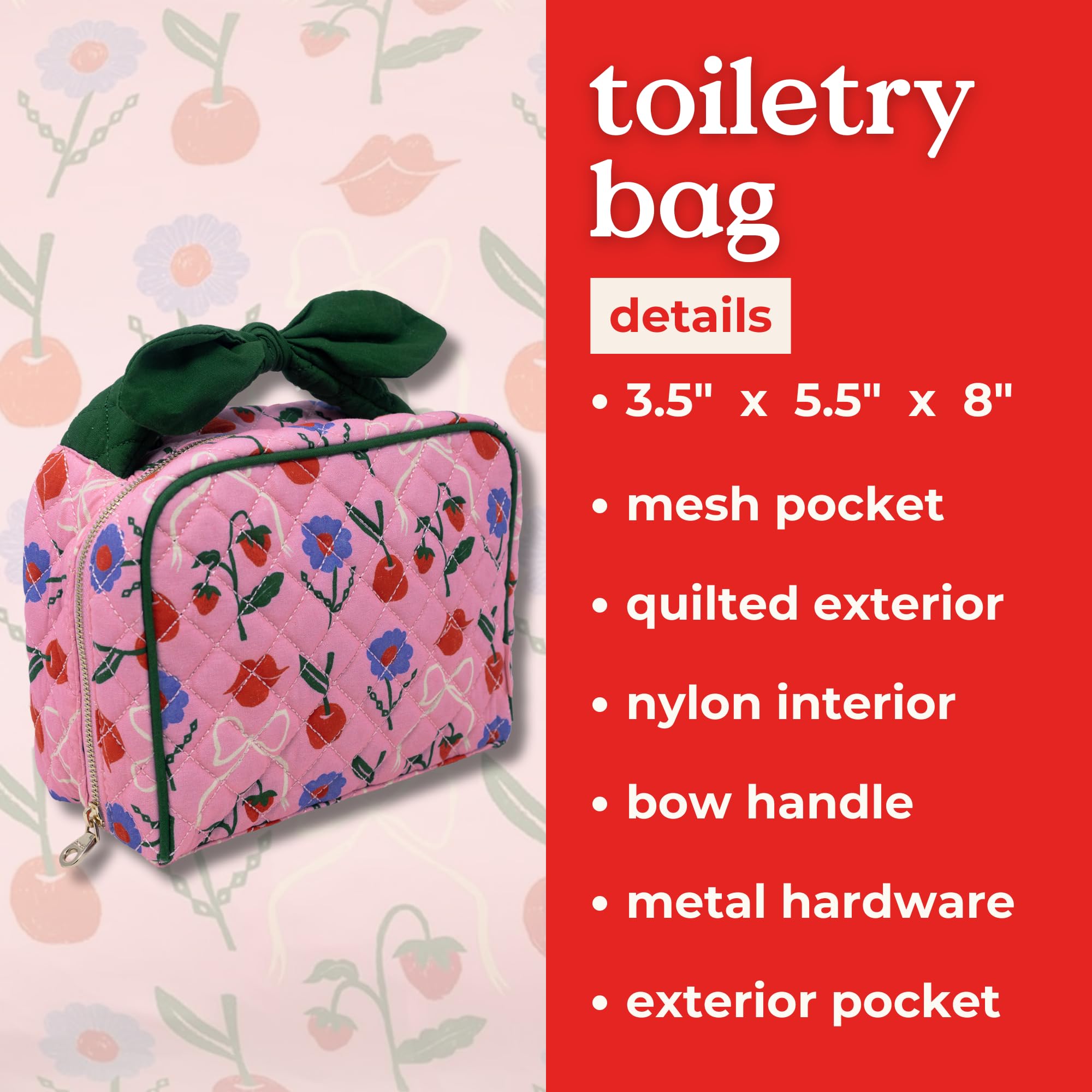 ban.do Getaway Quilted Toiletry Bag with Bow Handle - Cherry Lips Print Travel Cosmetic Case for Women | Perfect for Vacation, Gym & Weekend Trips