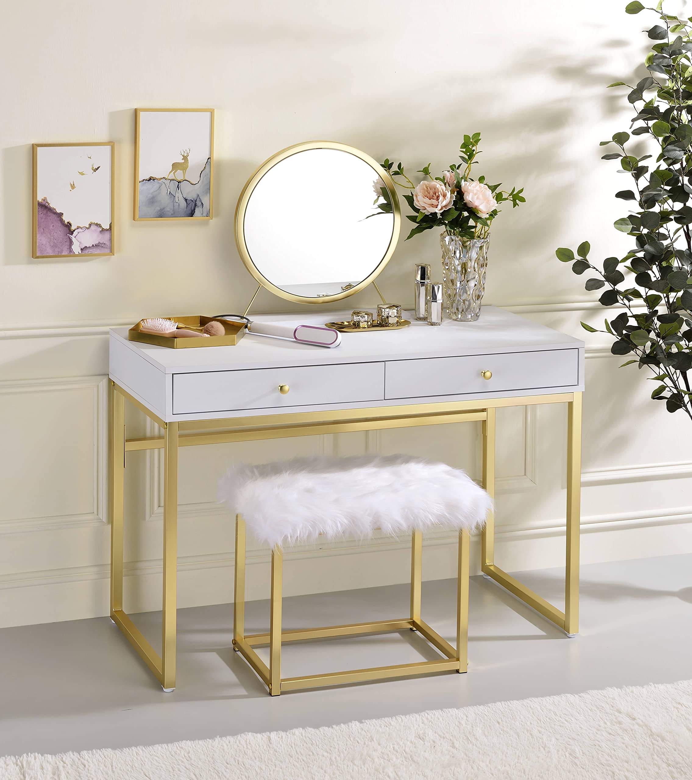 Moselota Vanity Mirror with Stool Set - Faux Fur Accent, White & Brass Finish - Perfect for Makeup, Dressing Room & Bedroom Decor