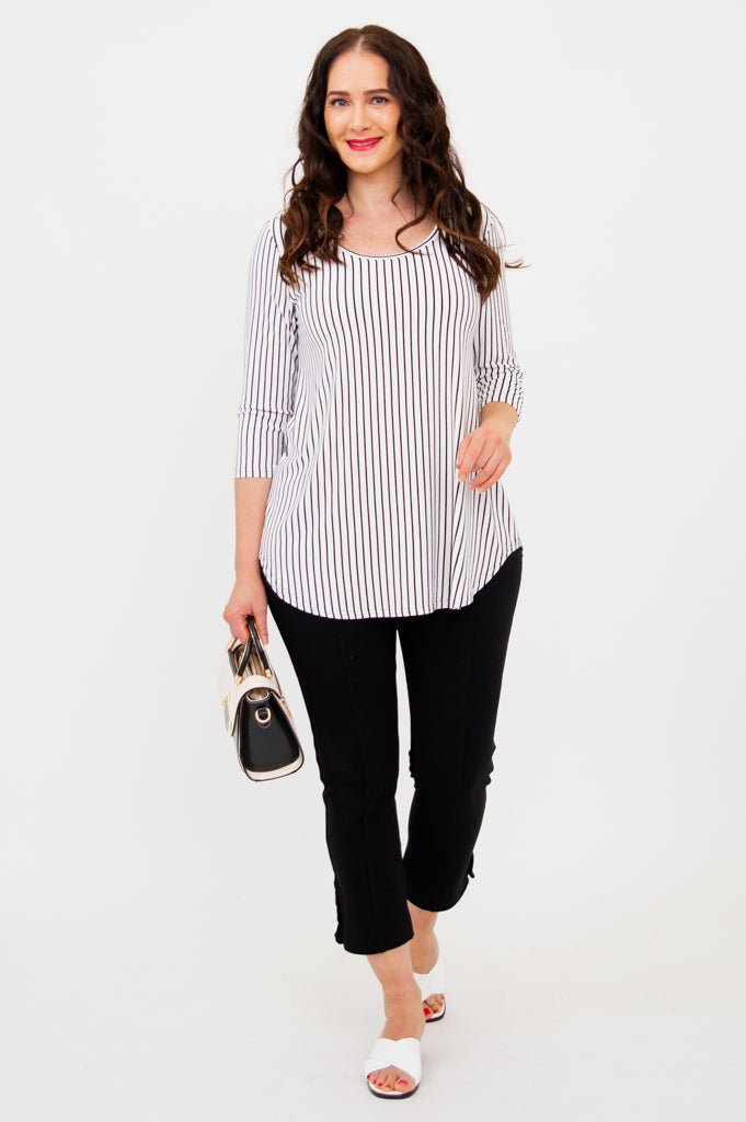 Jazz 3/4 Sleeve Top for Women - White & Black Small Stripe Bamboo Viscose Blouse - Breathable & Comfortable Summer Tops - Perfect for Casual Wear, Office Outfits & Date Nights