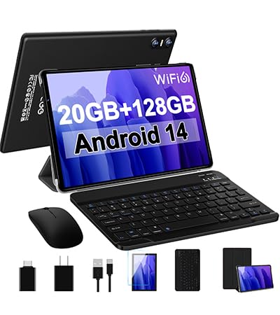 SKYEGG Android 14 Tablet 10.1 Inch - 20GB RAM 128GB ROM (1TB Expandable) Octa-Core Processor, Dual Camera, WiFi 6, GPS, Bluetooth 5.0, 6000mAh Battery with Keyboard & Mouse - Black | Perfect for Work, Study, Streaming & Gaming