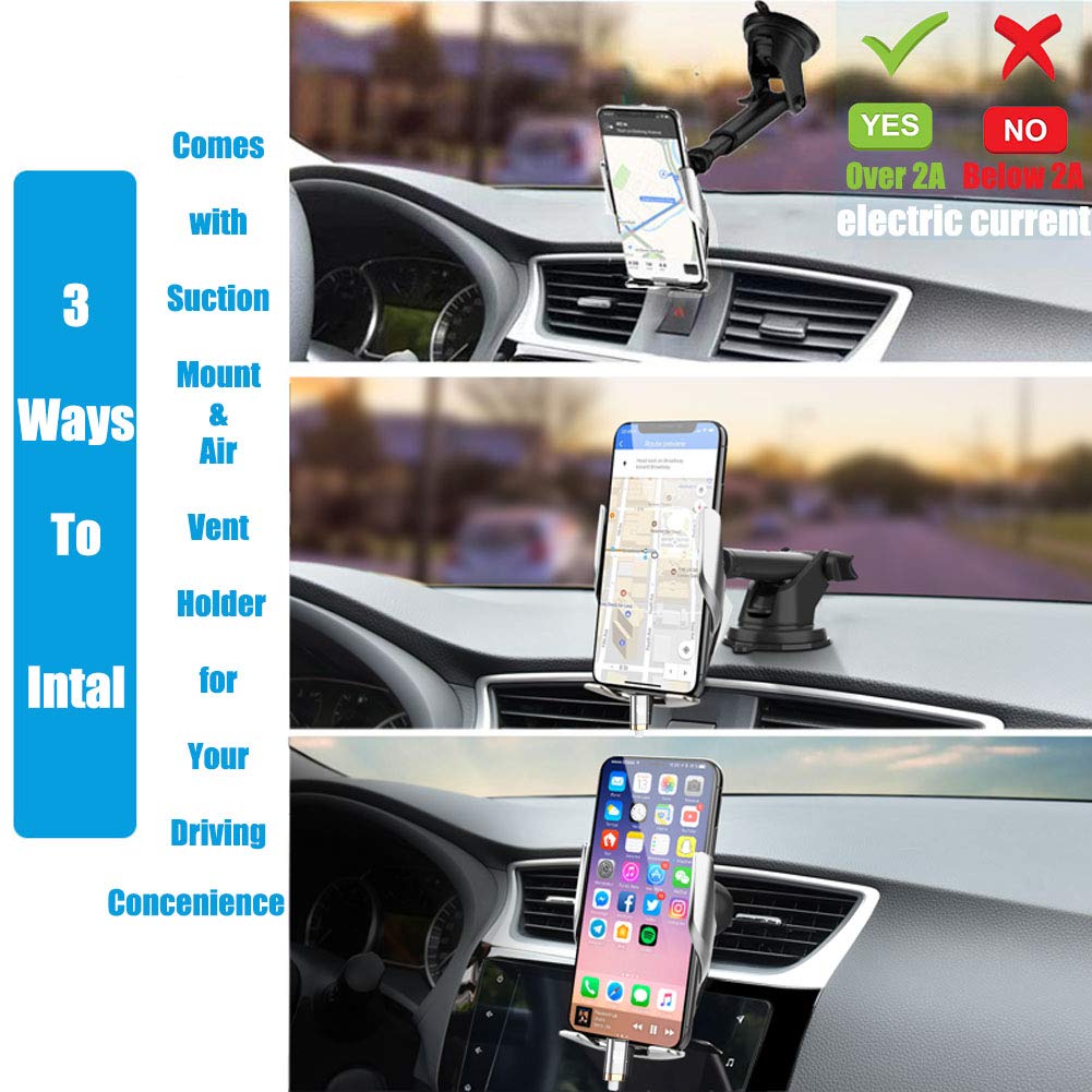 2-in-1 Auto-Clamping Wireless Car Charger Mount - 15W/10W/7.5W Qi Fast Charging Air Vent & Dashboard Phone Holder for iPhone 8/8P/X & Samsung Galaxy S9+/S8+/S7 - Perfect for Commuting, Road Trips & Hands-Free Driving
