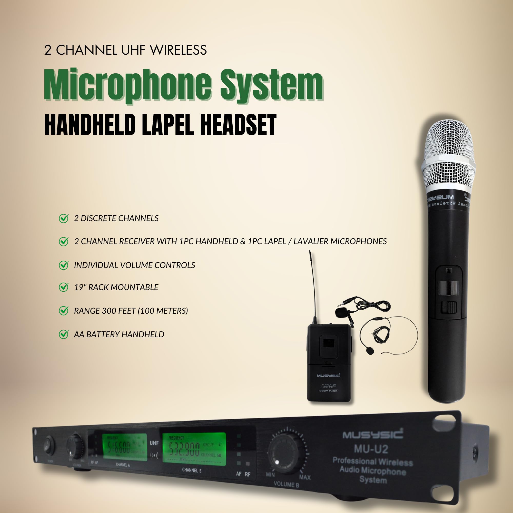 MUSYSIC U2HL 2-Channel UHF Wireless Microphone System - Handheld, Lapel & Headset Mic for Professional Performances, Events & Church (FCC Certified)