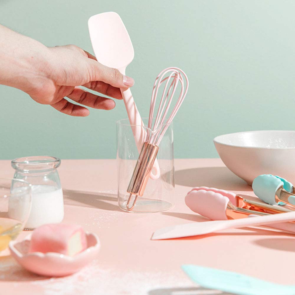 Pink 5-Piece Kids Silicone Kitchen Tool Set - Mini Baking Utensils with Spatula, Egg Mixer & Clip - Safe Non-Toxic Cooking Tools for Toddlers - Perfect for Baking, Cake Decorating & Pretend Play Kitchen Fun