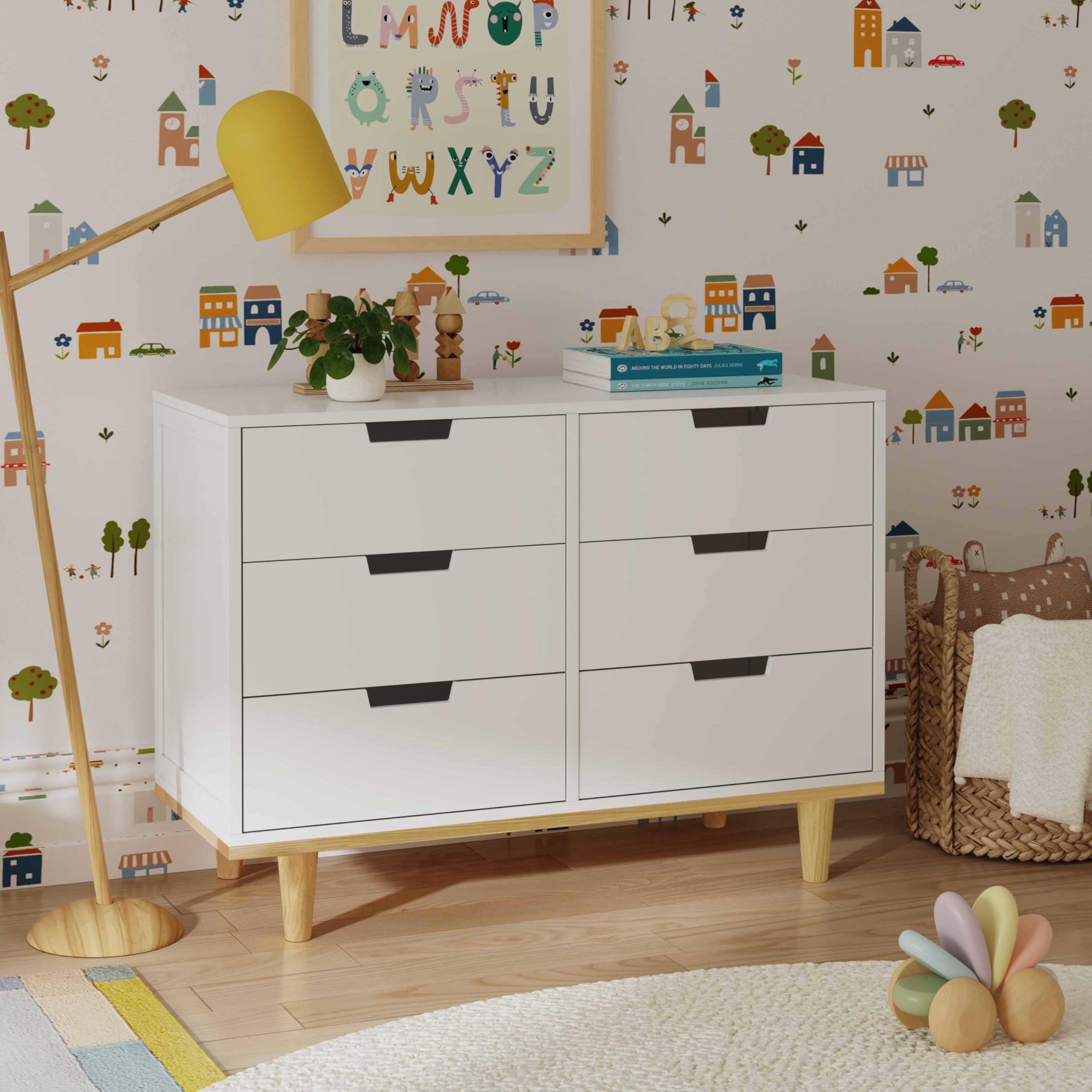 DaVinci Marley 6-Drawer Double Dresser in White Finish with Natural Wood Legs - Stylish Nursery or Bedroom Storage Furniture for Organizing Baby Clothes and Bedding