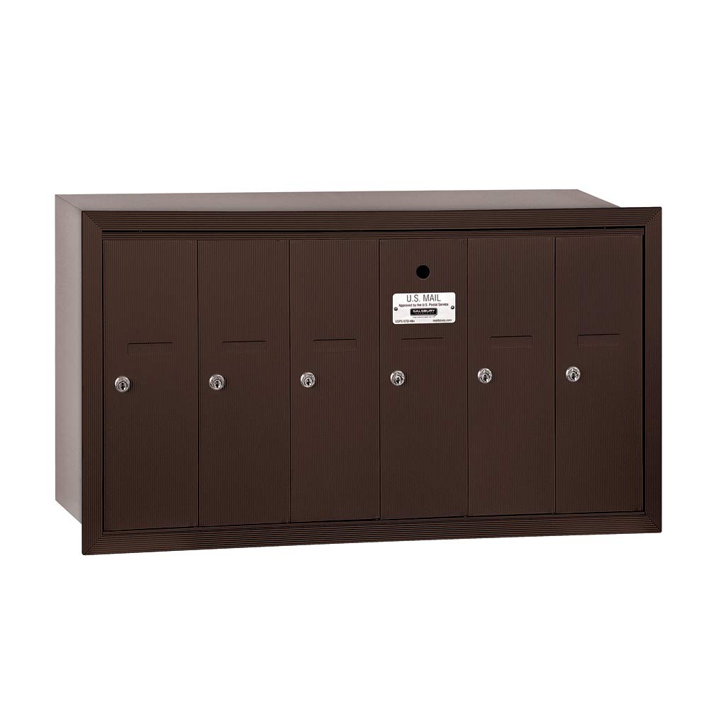 Salsbury Industries 3506ZRU Recessed Mounted Vertical Mailbox with USPS Access - 6 Door Commercial Mailbox in Bronze Finish for Apartment Buildings & Office Complexes