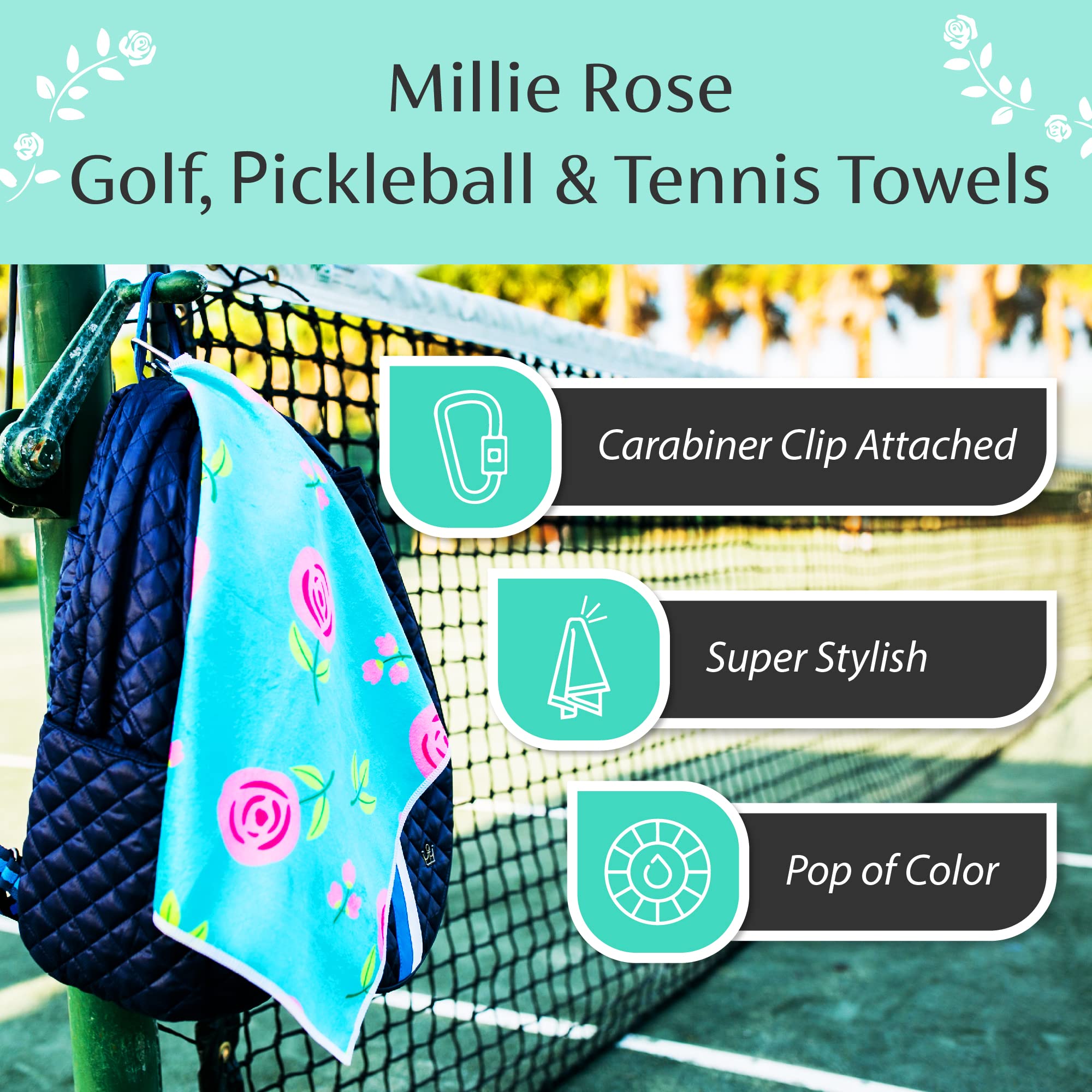 Millie Rose Pickleball Towels - 15x17 Inch Microfiber & Cotton Sports Towels with Carabiner Clip - Fashionable Argyle Print - Perfect for Pickleball Players, Tennis & Gym Workouts - Great Athletic Gift for Women & Men