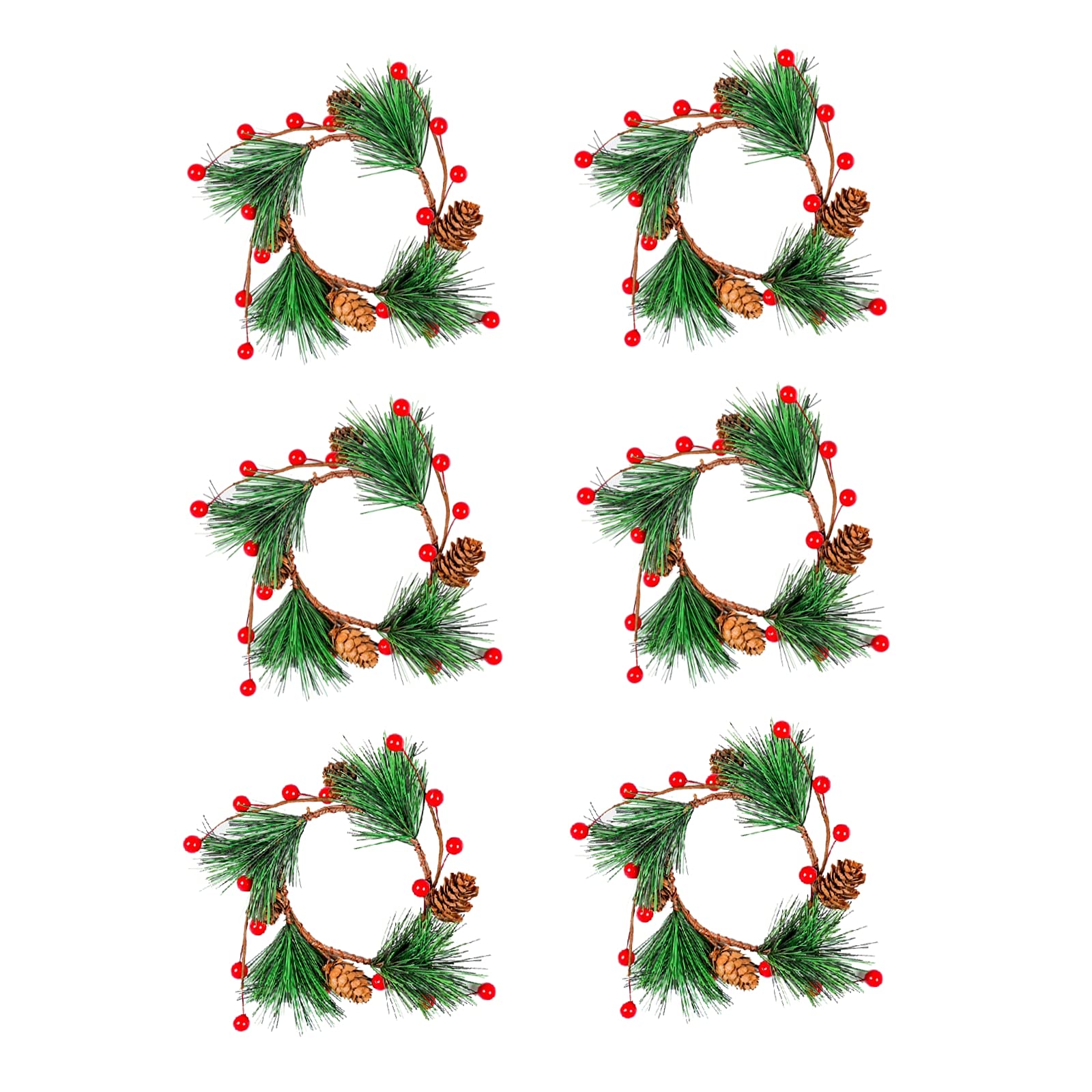 6Pcs Christmas Candle Wreath Rings - 3.1 Inch Red Artificial Berry & Pine Cone Decor for Pillar Candles | Holiday Table Centerpiece, Wedding Decorations, Festive Home Decor (Set of 6)