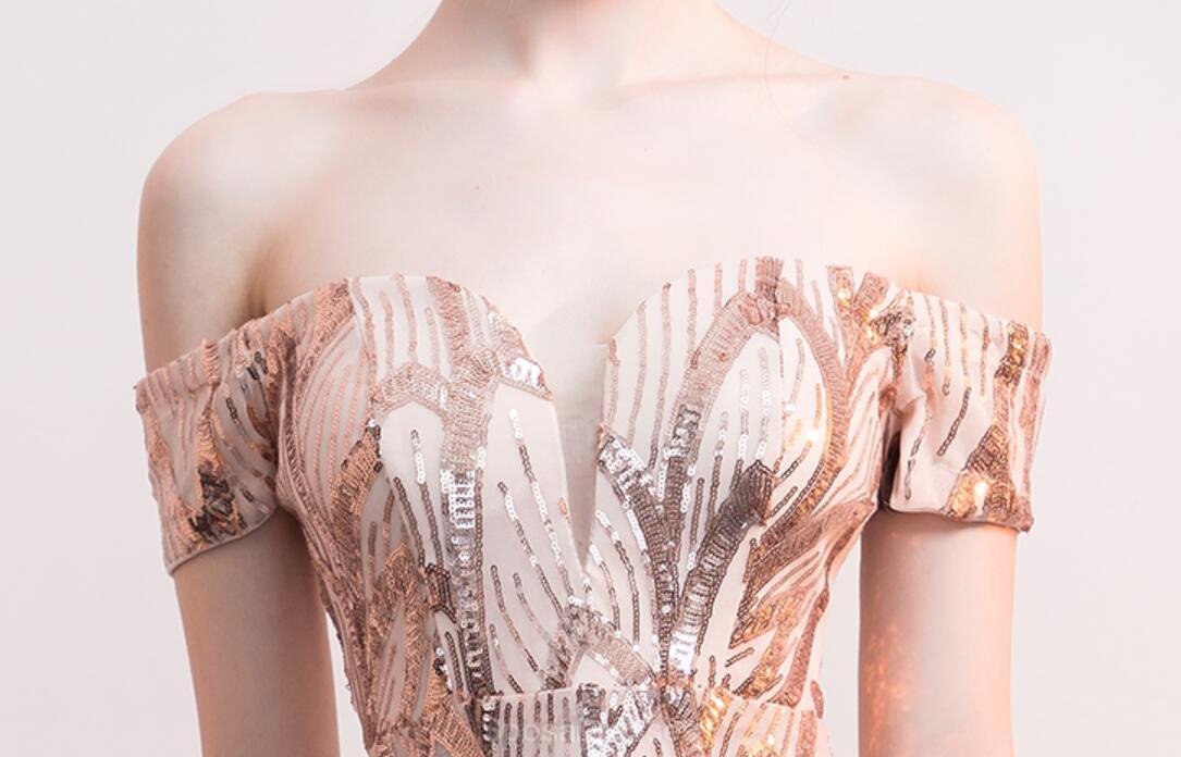 Elegant Off Shoulder Rose Gold Sequin Mermaid Prom Dress for Evening Party & Formal Events - Perfect for Prom, Homecoming, Gala & Special Occasions