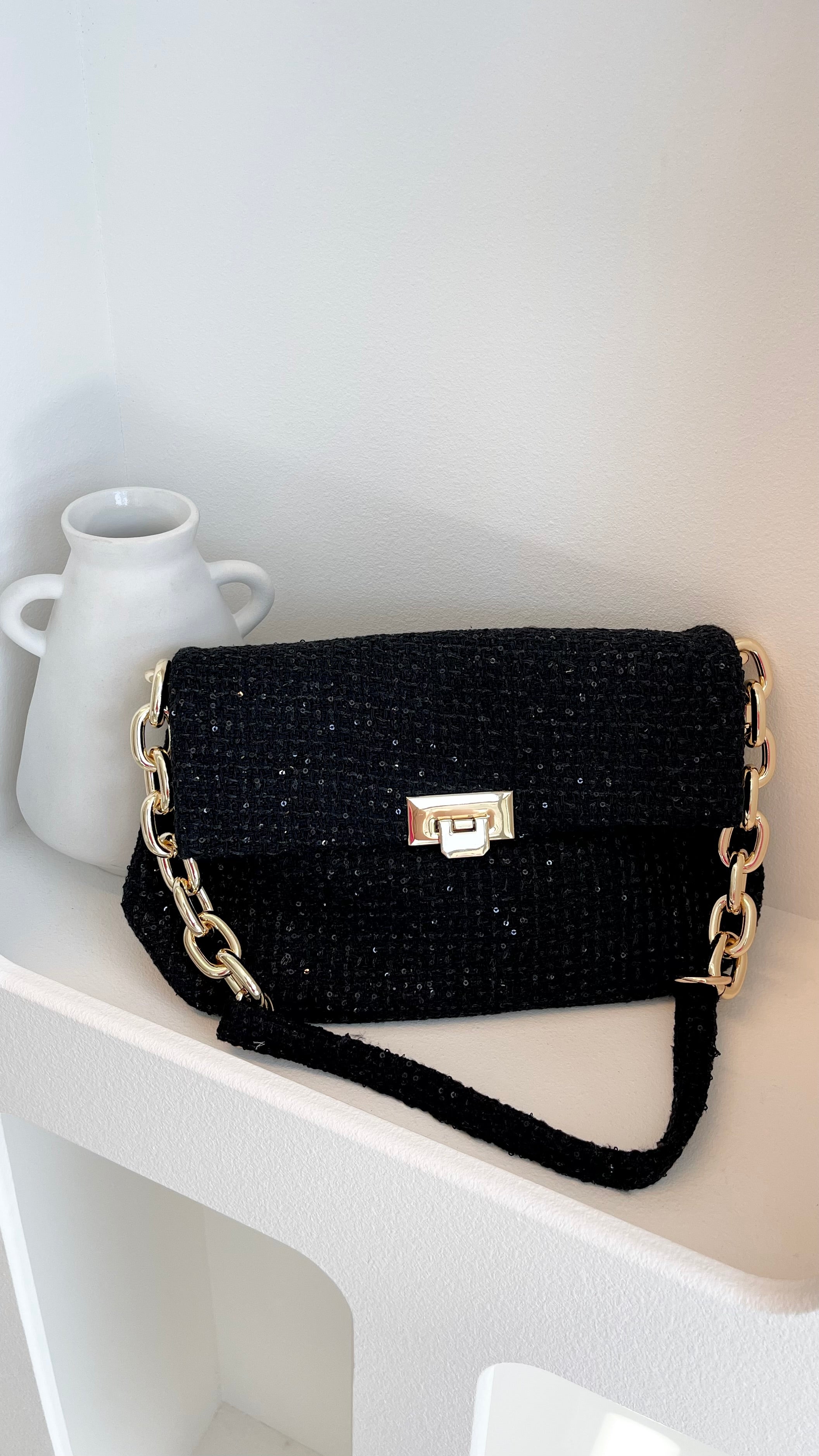 Fion Boucle Chain Strap Handbag for Women - Elegant Black Shoulder Bag | Perfect for Work, Party & Evening Out