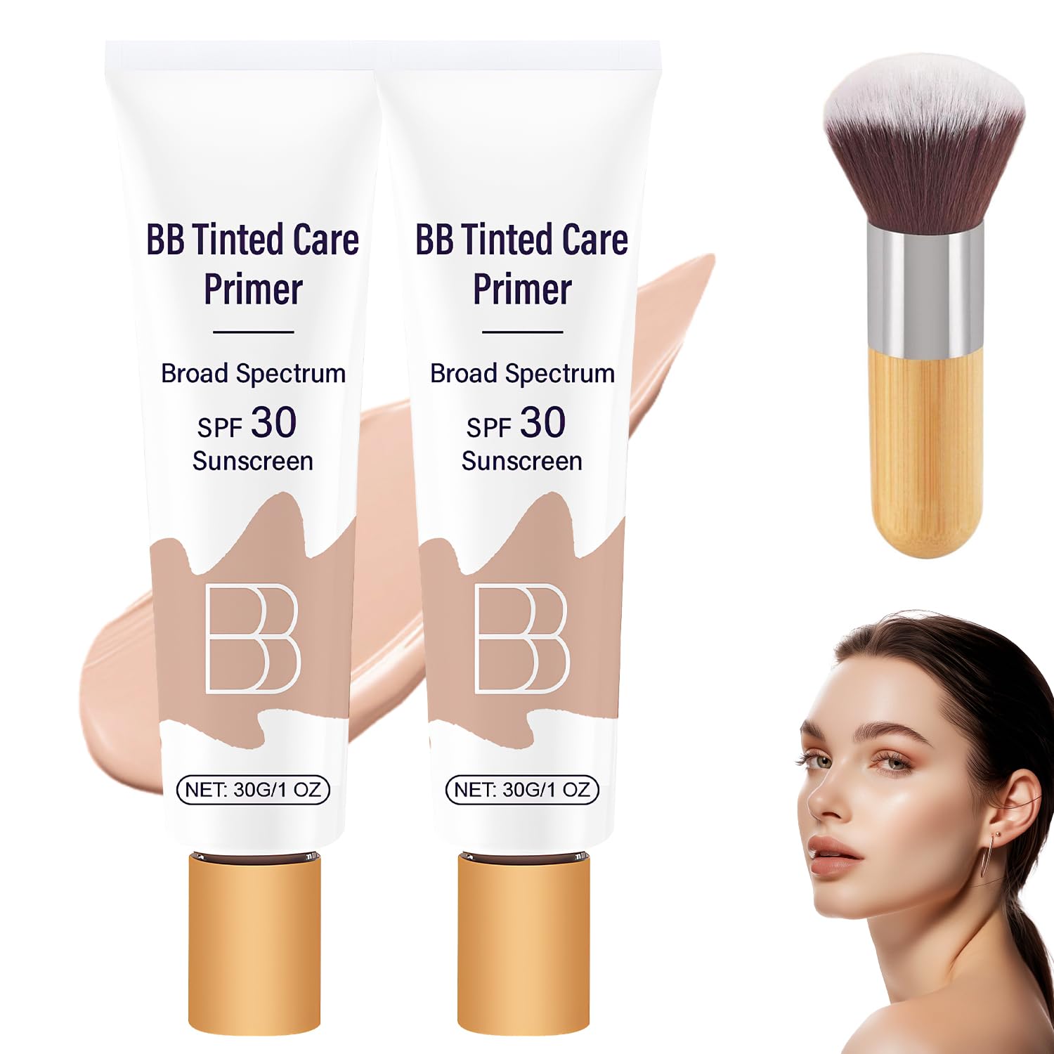 BB Blur Tinted Moisturizer SPF 30 - Natural Finish BB Cream with Broad Spectrum Sunscreen & Built-in Brush, 2PCS Set | Daily Wear, Makeup Base & Sun Protection for Flawless Skin