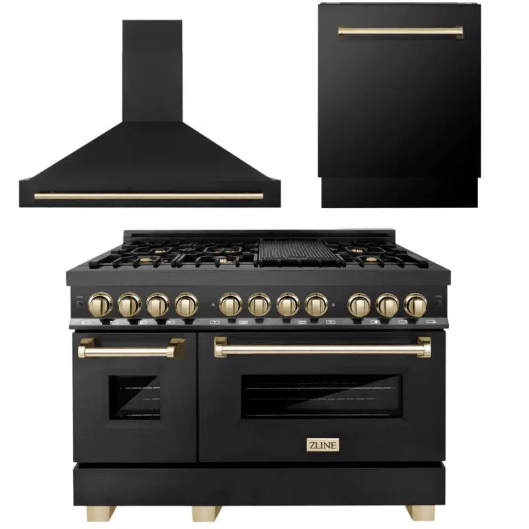 ZLINE Autograph Edition 48-inch Black Stainless Steel Kitchen Package - Dual Fuel Range, Range Hood & Dishwasher with Polished Gold Accents (3AKP RABRHDWV48 G) | Premium Cooking Set for Modern Kitchens, Restaurant-Style Experience at Home