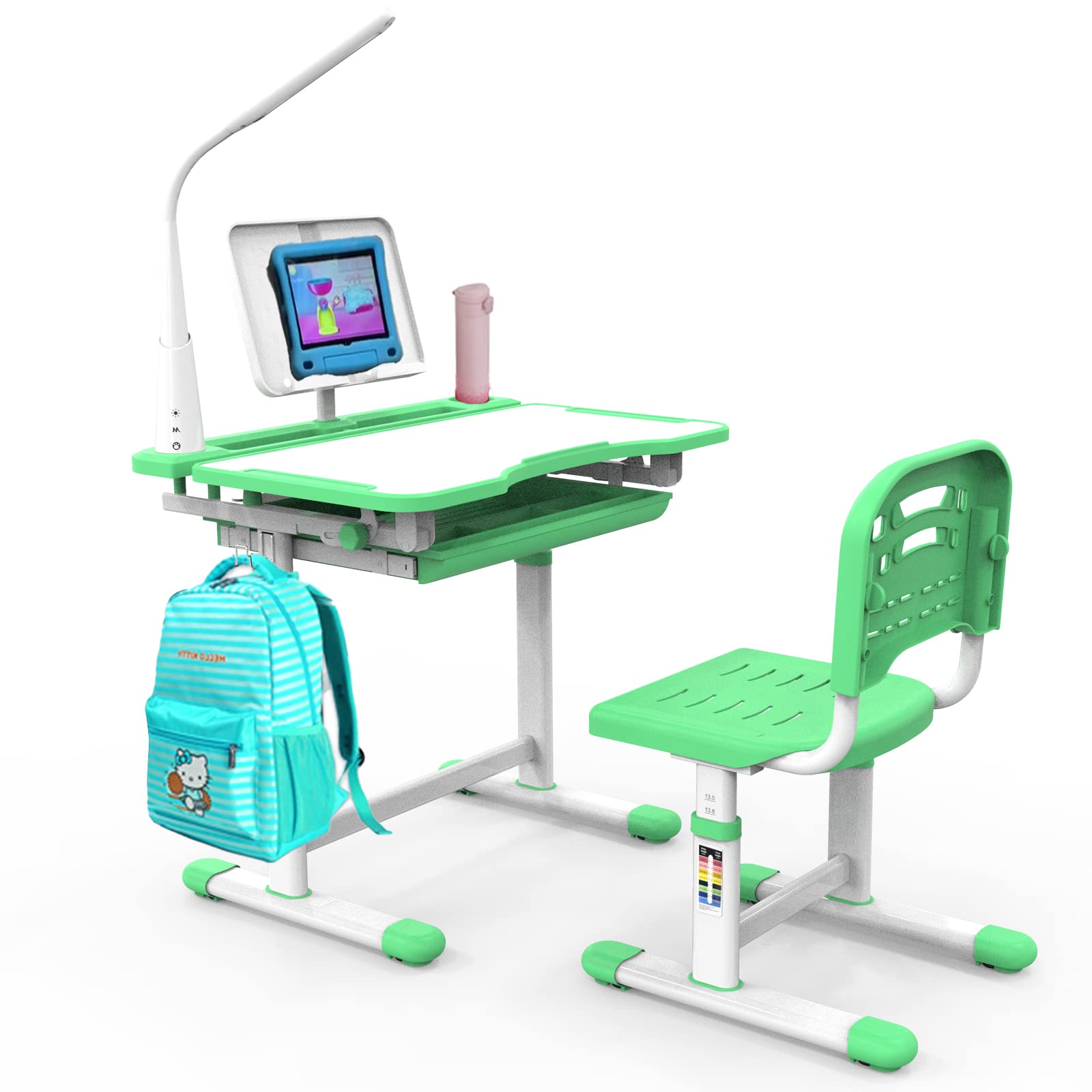 BELANITAS Adjustable Kids Desk and Chair Set with Storage Drawer - Ergonomic Study Desk for Boys & Girls, Includes Book Stand & Bag Hook - Perfect for Homework, Drawing & Online Learning (Green)