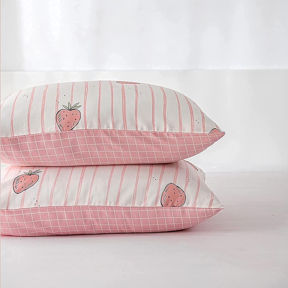 Strawberry Print Pillowcase Set - 2 Pack 20x26 Inch Kawaii Cute Cotton Pillow Covers for Kids, Teens, Boys & Girls - Envelope Closure Decorative Bedding Accessories for Bedroom, Dorm, Nursery & Home Decor