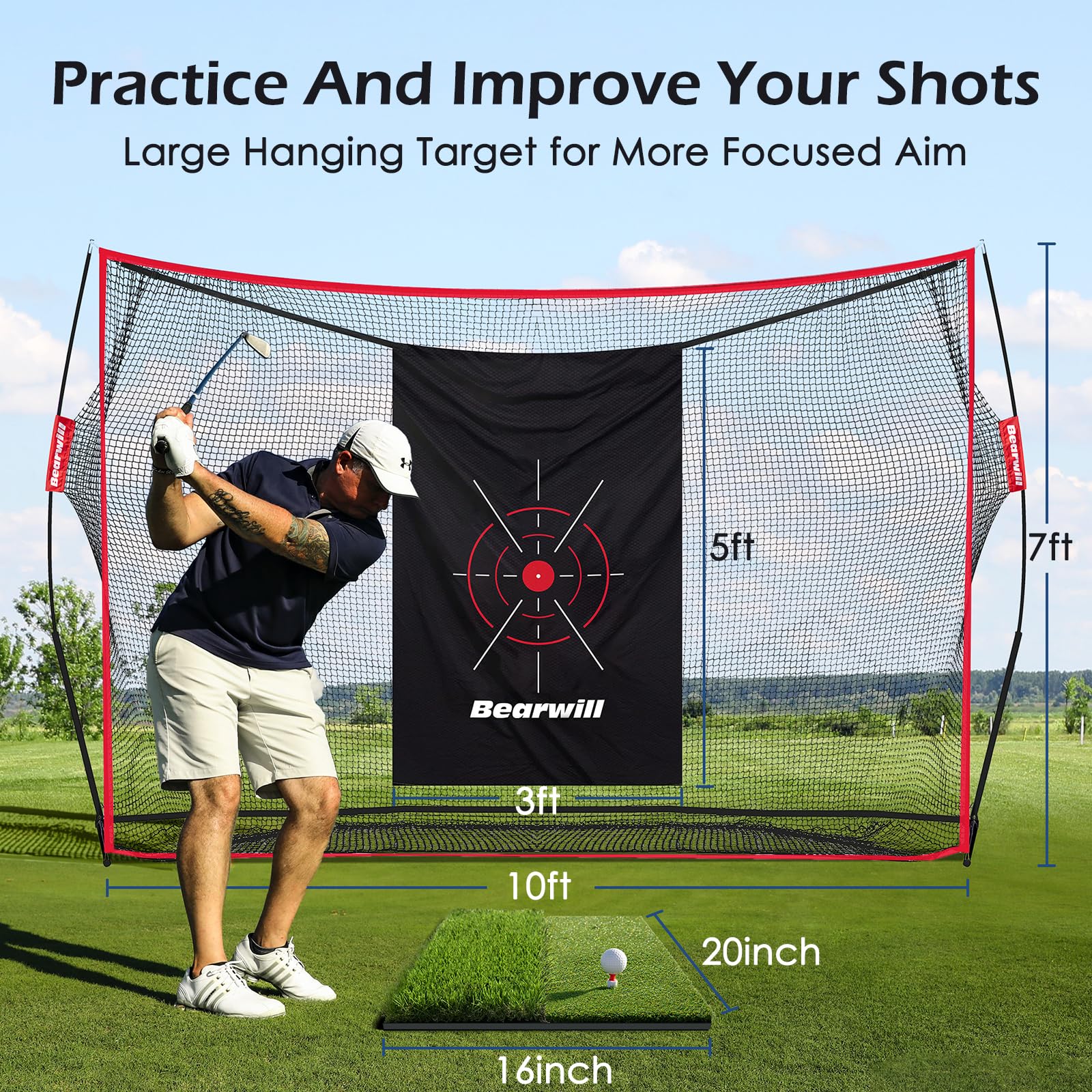10x7ft Heavy Duty Golf Practice Net with Mat, Target Cloth, 8 Tees & 6 Balls - Portable Backyard Driving & Chipping Training for Indoor/Outdoor Use | Perfect for Home, Garage & Golf Course Practice