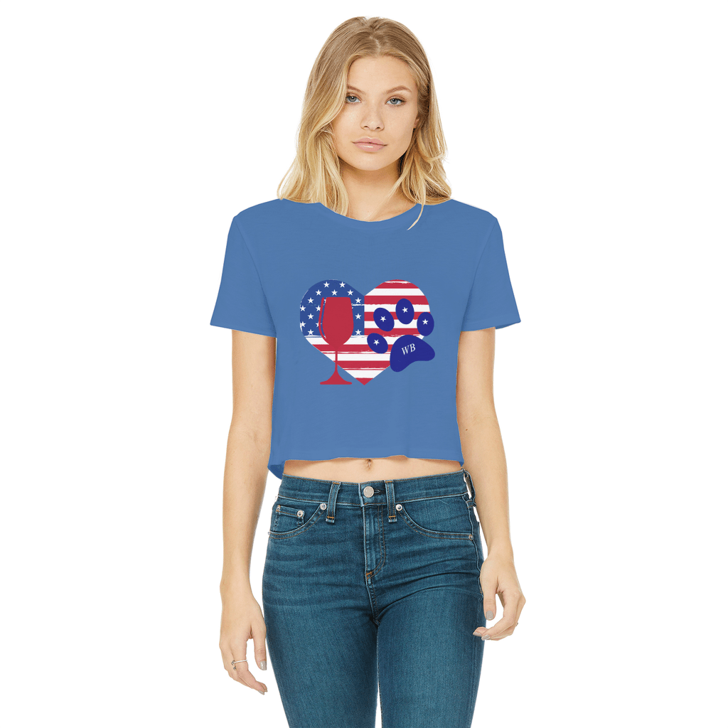 WineyBitches.Co Women's Cropped Raw Edge T-Shirt with Heart Paw Print - American Wine Lover Tee for Casual Outfits, Girls Night Out & Wine Tasting Events