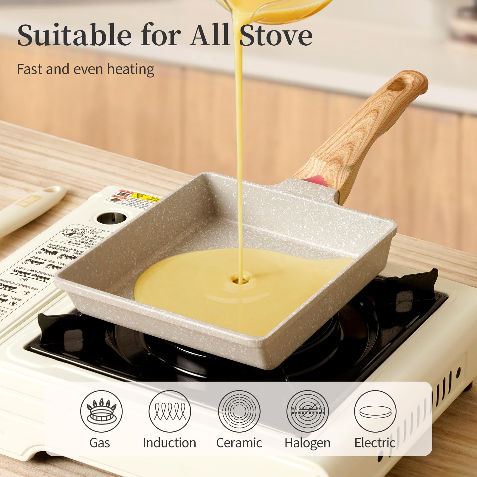 Tamagoyaki Pan - Nonstick Japanese Omelette Pan for Perfect Egg Rolls | Rectangle Egg Frying Pan with Wooden Handle & Whisk | PFOS & PFOA Free | Oven & Dishwasher Safe | Ideal for Breakfast, Bento Boxes & Japanese Cuisine