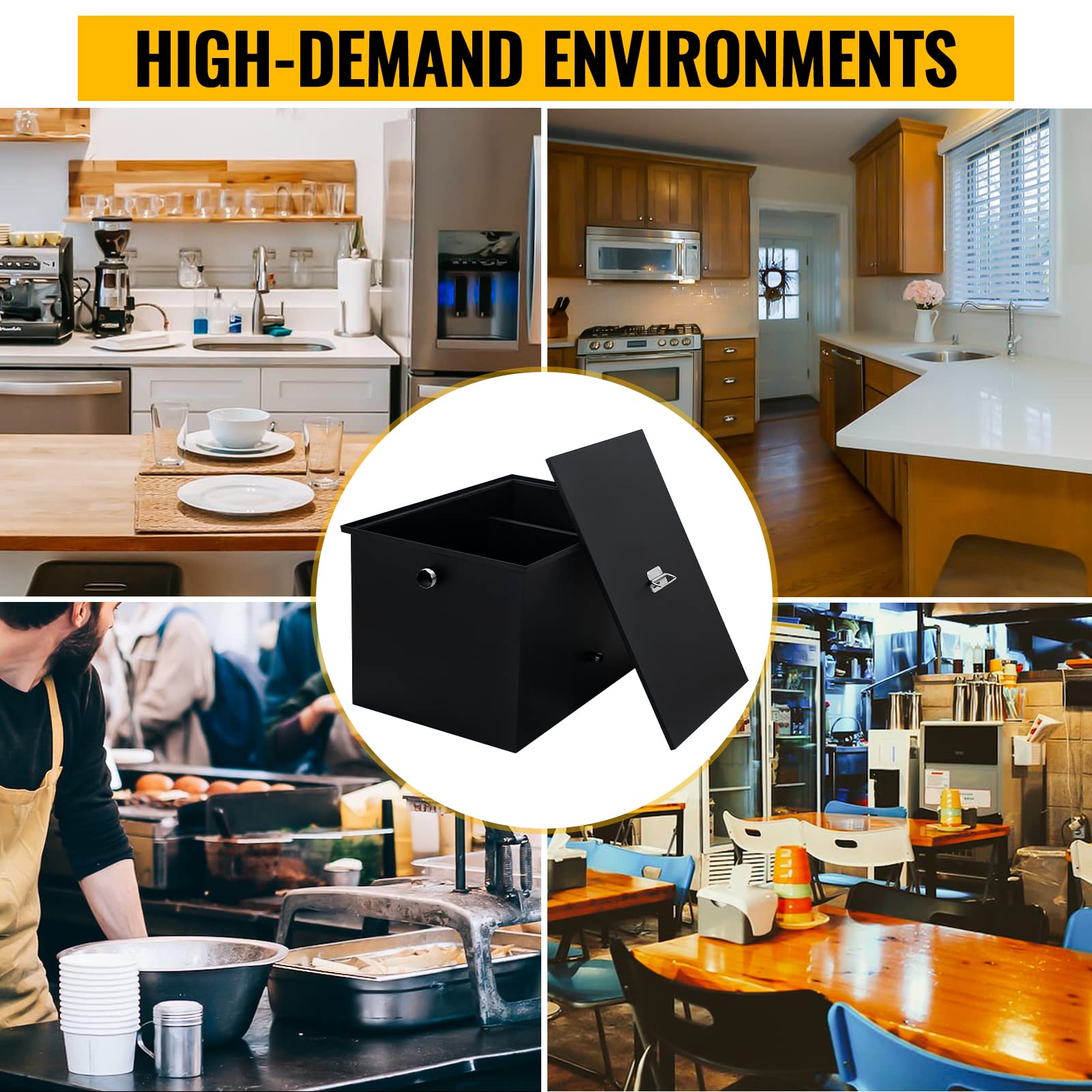50 LBS Commercial Grease Interceptor - Under Sink Grease Trap with 25 GPM Flow Rate | Coated Carbon Steel Oil-Water Separator with Side Inlet | Rustproof & Durable for Restaurant Kitchen | Perfect for High-Volume Food Service & Commercial Dishwashing Areas - Black