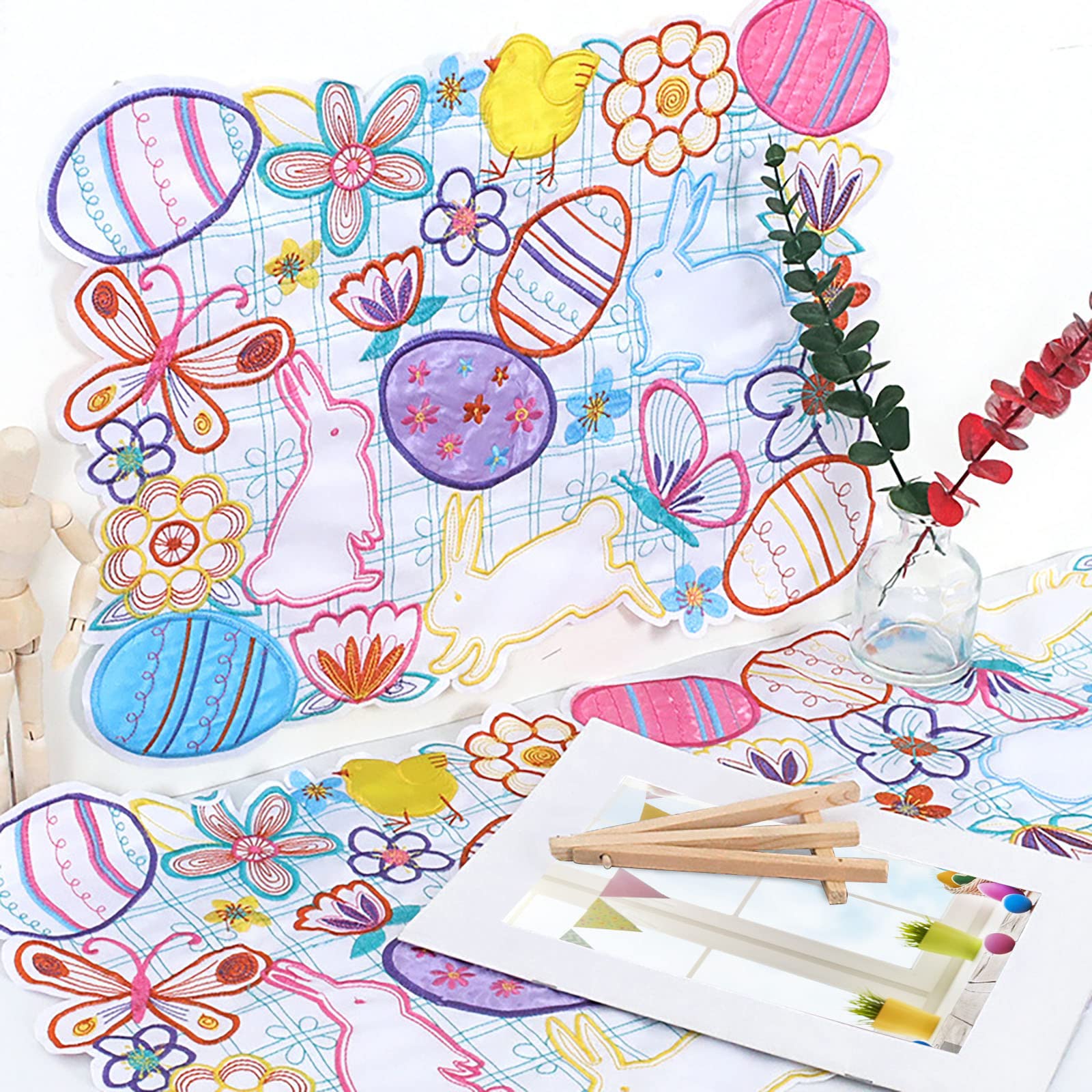 Easter Bunny Embroidered Placemat - Spring Holiday Table Doily with Easter Eggs Design - Perfect for Easter Brunch, Spring Table Decor, and Holiday Dining