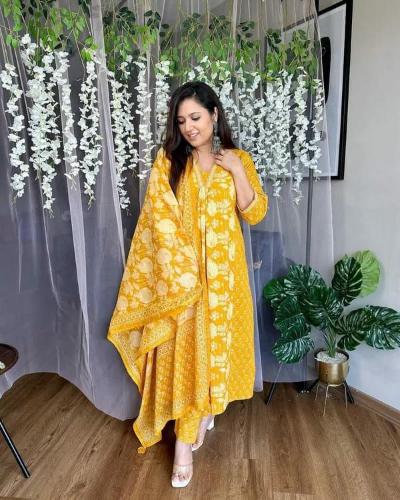 Stylish Yellow Cotton Mill Print Anarkali Suit Set for Women | Traditional Indian Ethnic Wear | Perfect for Festivals, Weddings & Special Occasions