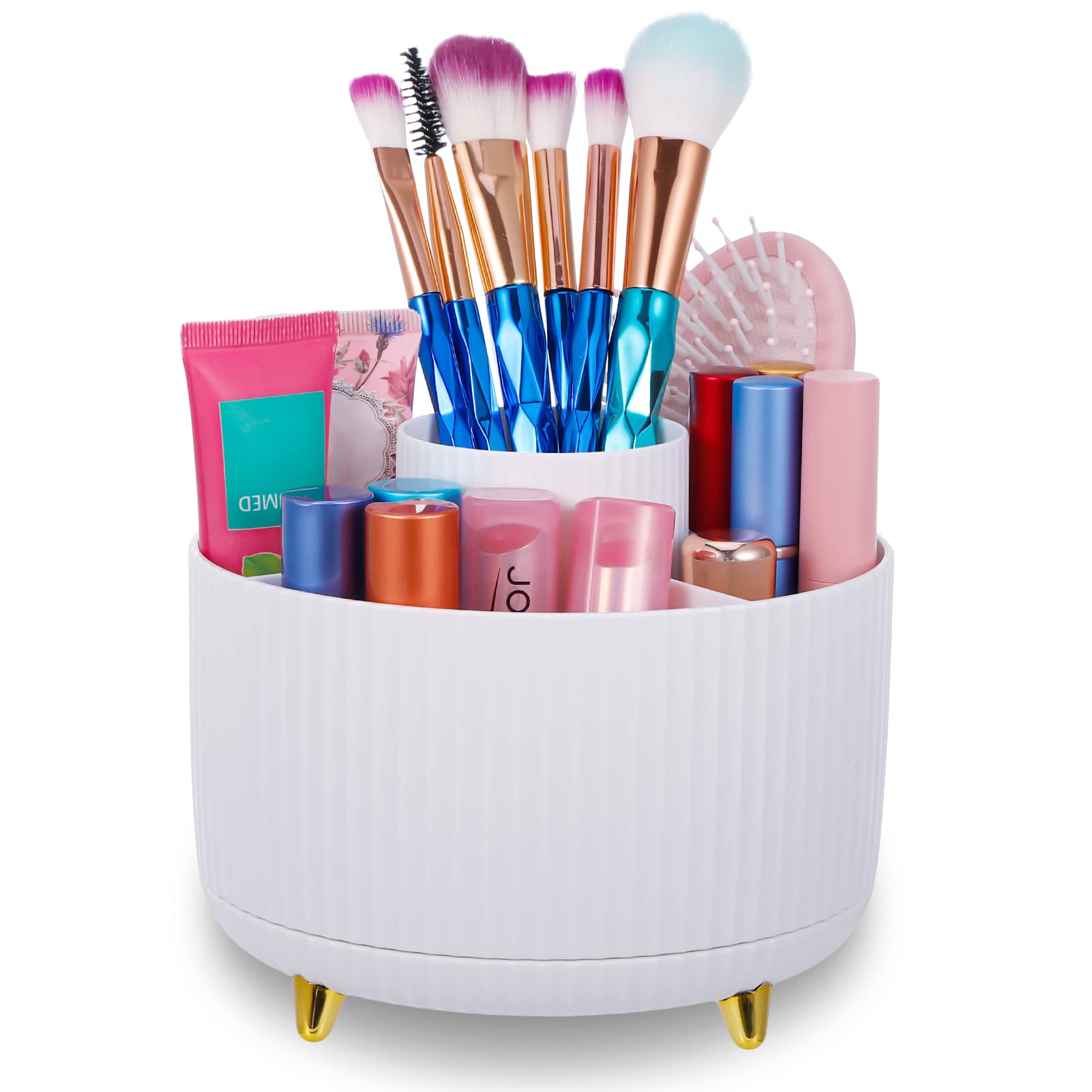 360° Rotating Makeup Organizer - 5 Slot Spinning Cosmetic Brush Holder & Pen Stand - Vanity Decor, Bathroom Countertop Storage, Desk Organizer - Perfect for Makeup Display & Beauty Product Organization (White)