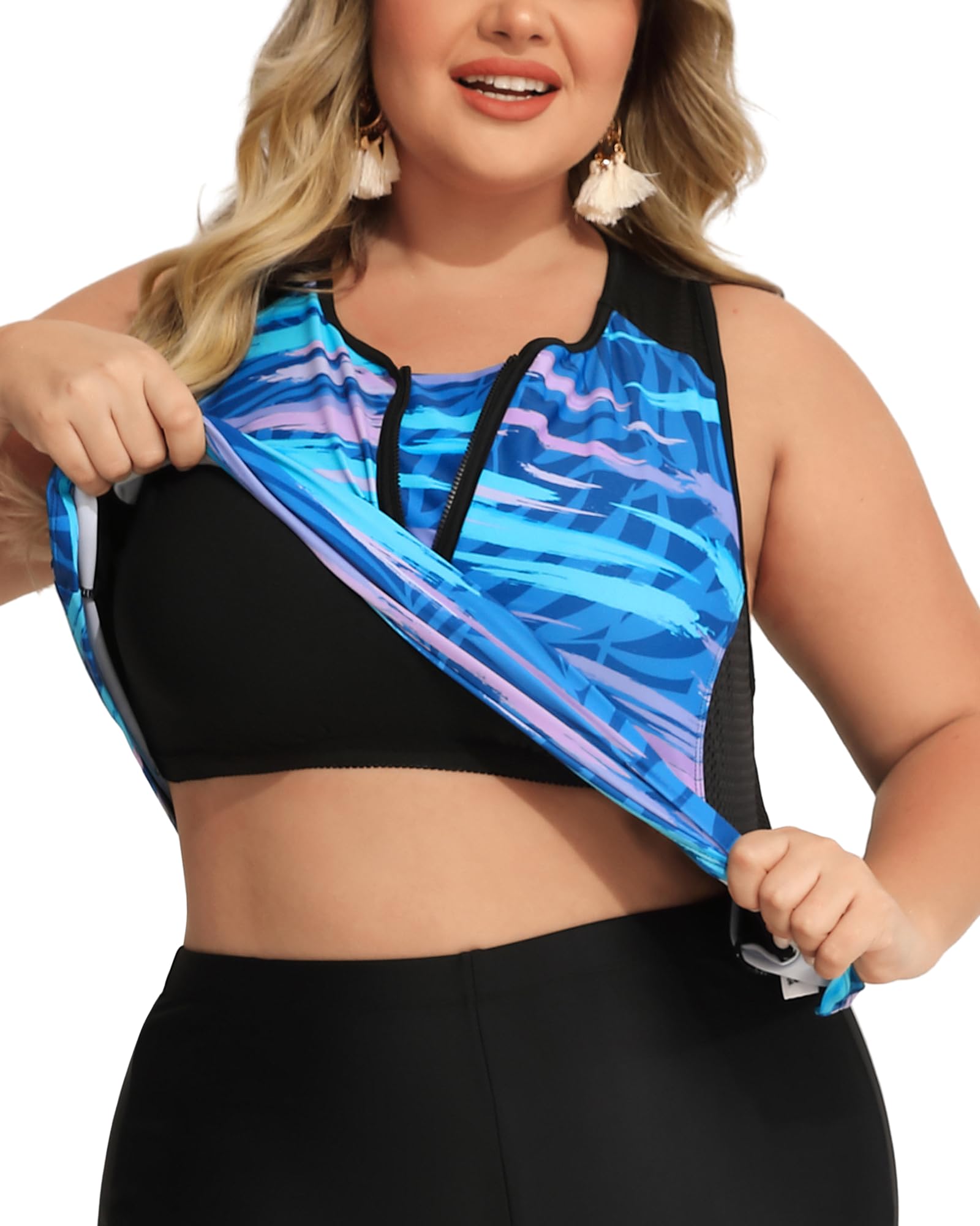 Plus Size Tankini Swimsuits for Women - Tummy Control Zippered Swimwear Top | Angel Season | Perfect for Beach, Pool & Summer Vacations