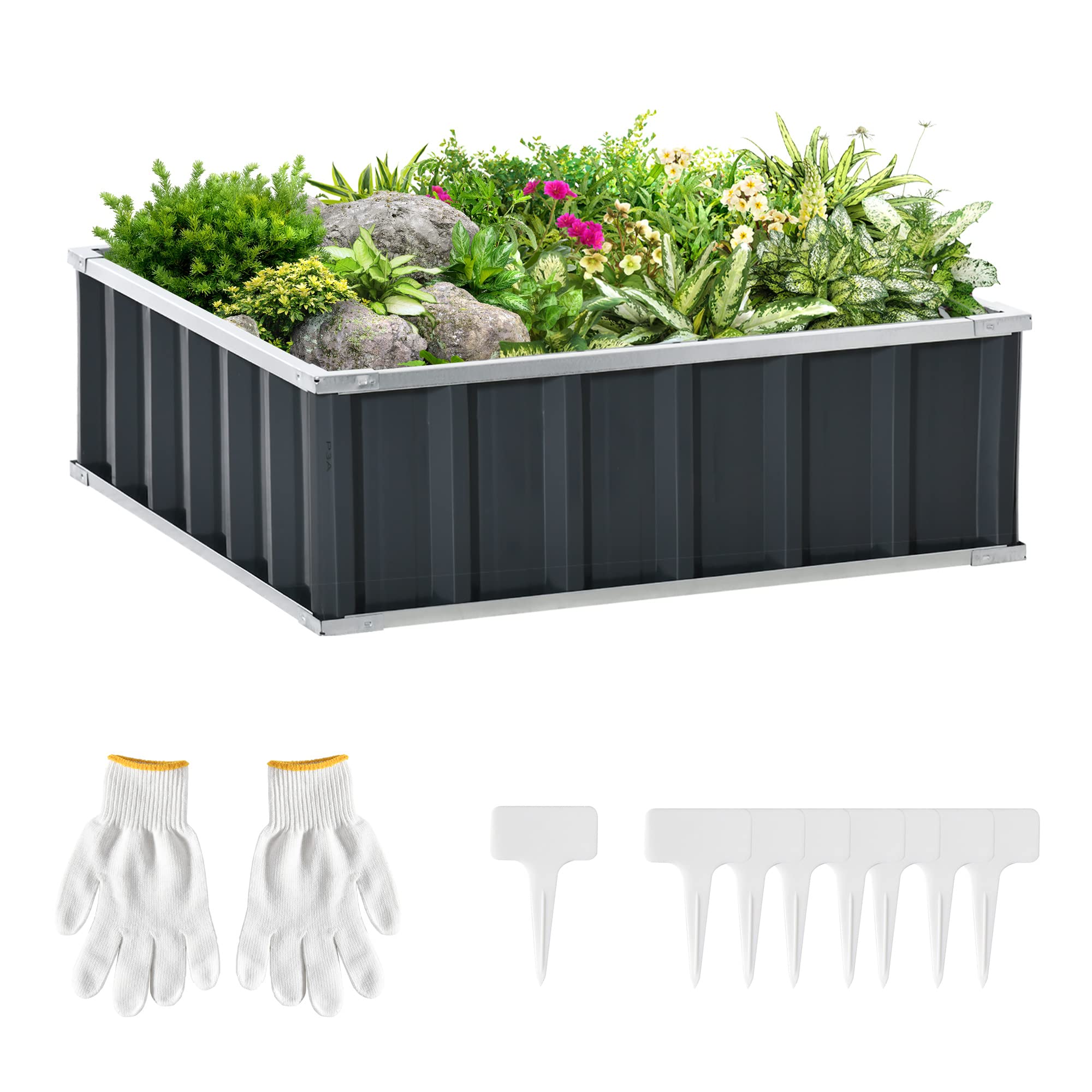 Outsunny 3x3ft Galvanized Steel Raised Garden Bed Kit - Metal Planter Box for Outdoor Vegetables, Herbs & Flowers - Includes Gardening Gloves - Perfect for Backyard, Patio & Urban Gardening (Grey)
