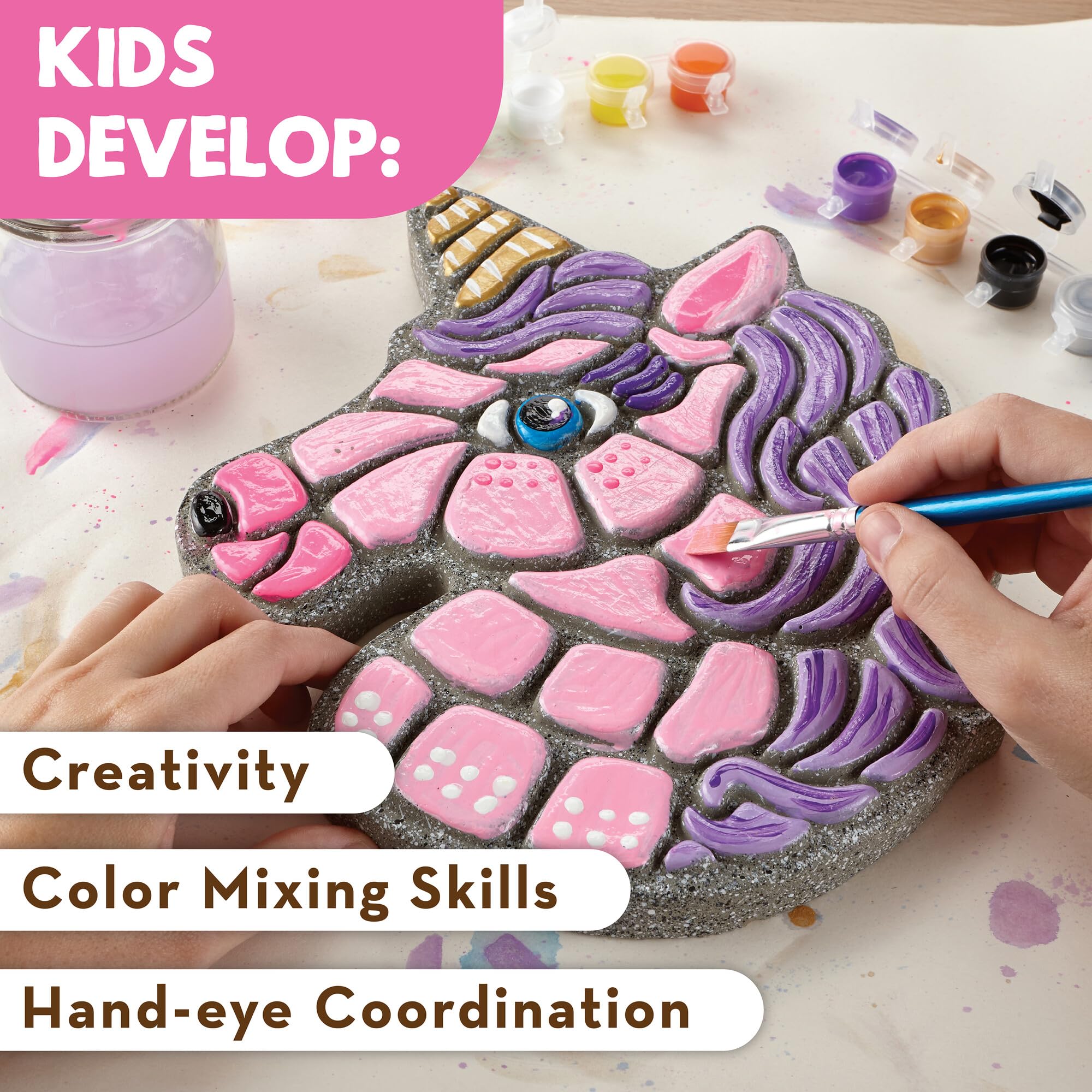 MindWare DIY Unicorn Stepping Stone Kit - Includes Weatherproof Stone, Non-Toxic Paints & Brushes for Kids Outdoor Garden Decor & Creative Play