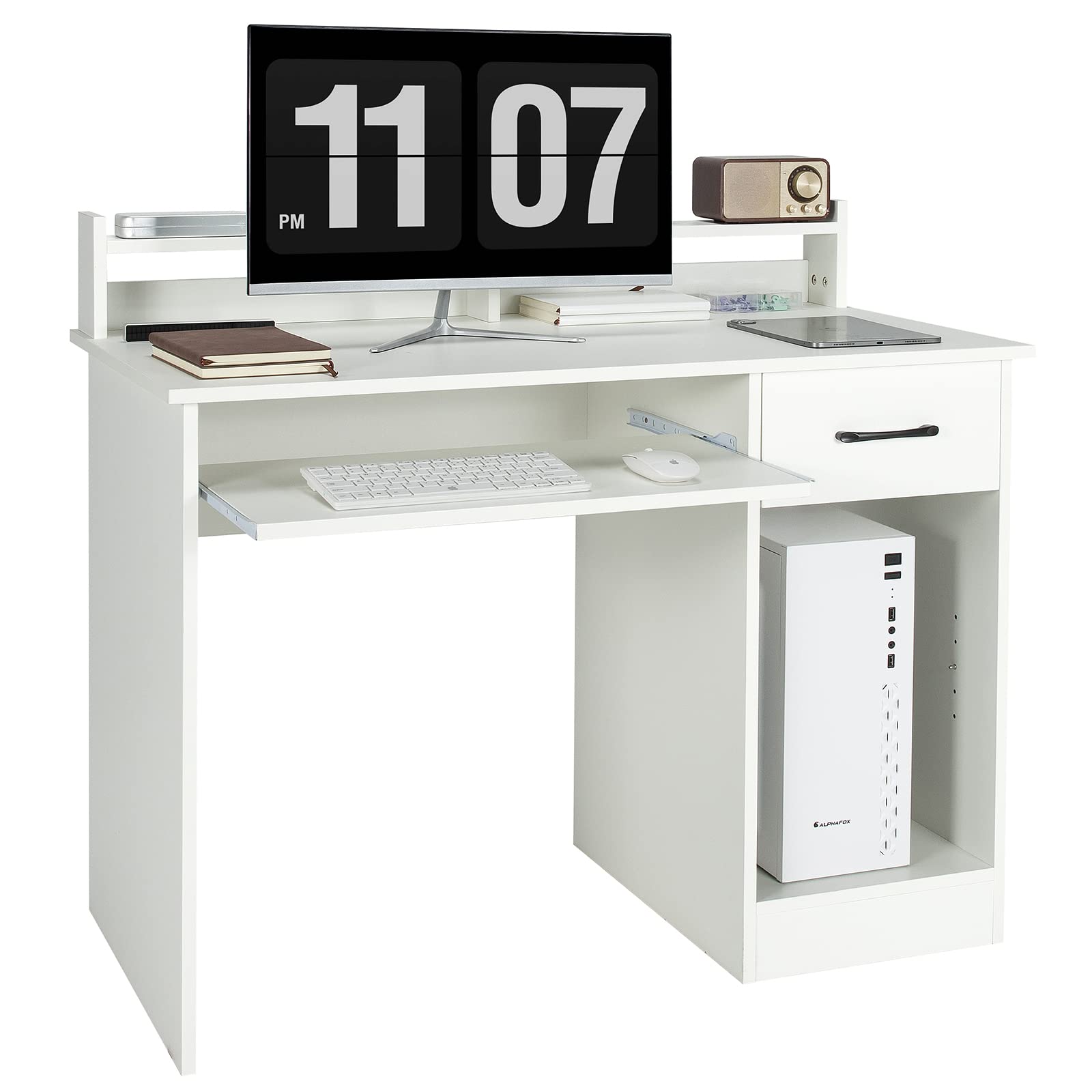 COSTWAY Computer Desk with Hutch - Home Office Desk with Drawer, Adjustable Shelf & Keyboard Tray | Study Writing Desk & Executive Workstation for Living Room, Bedroom & Office (White) | Perfect for Remote Work, Online Classes & Home Office Setup