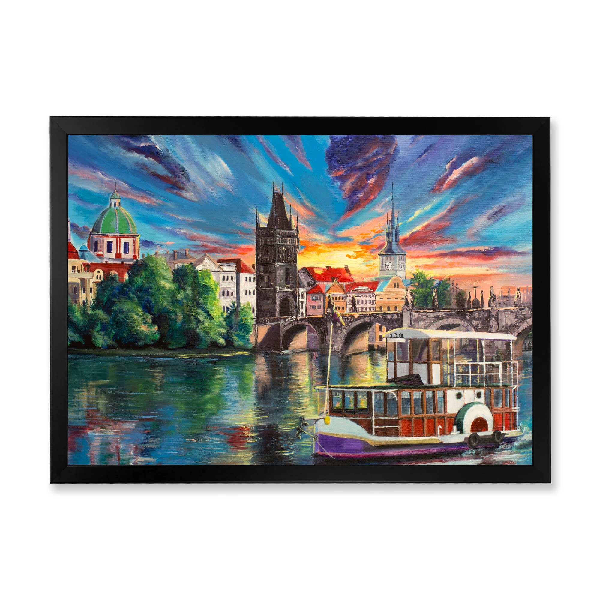 DesignQ Framed Wall Art - Sunset Cityview of Prague Children's Painting | Kids Room Decor, Nursery Wall Art, Unique Gift for Art Lovers