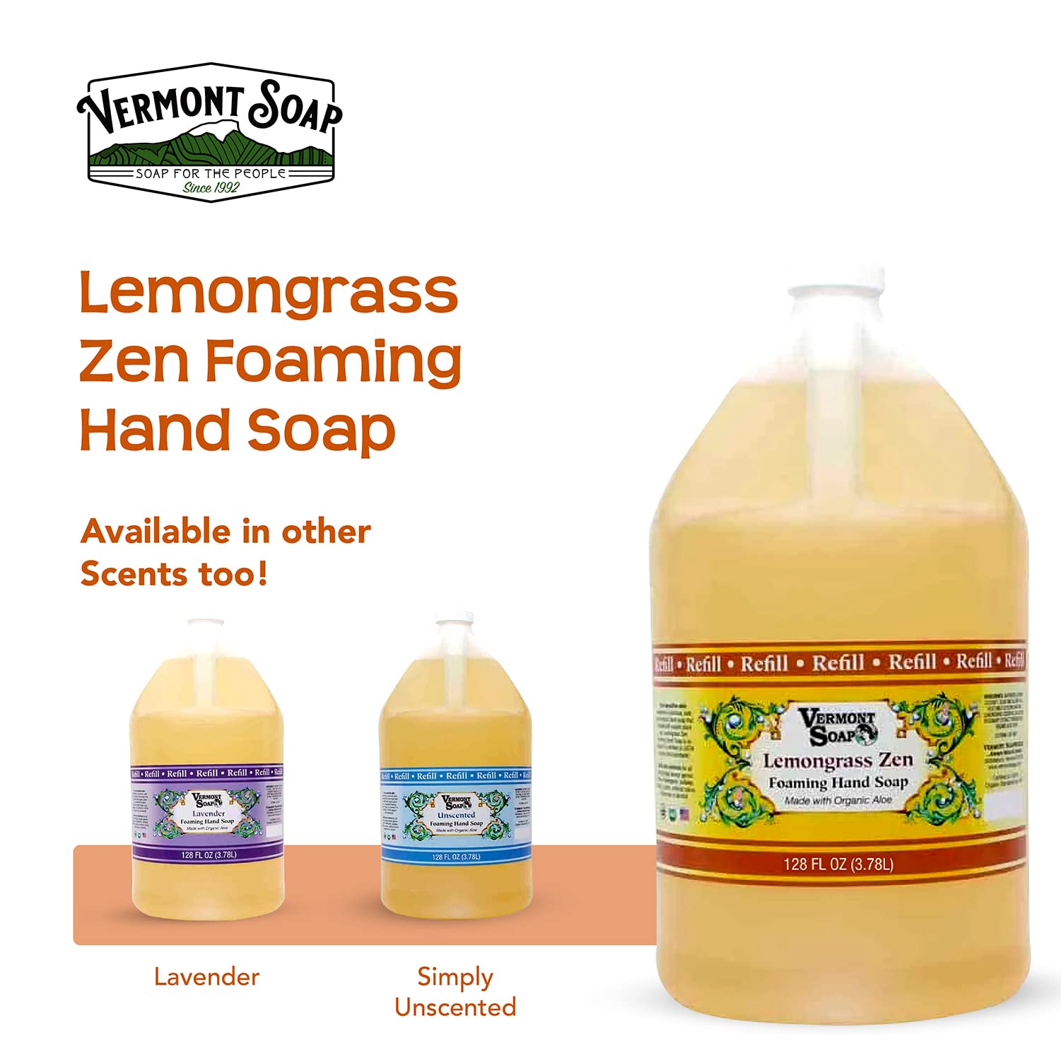 Vermont Organics Foaming Hand Soap - Ready-to-Use Lemongrass Scented Liquid Soap with Pre-Diluted Formula | Gallon Refill Size for Home, Office & Commercial Use | Natural & Economical Hand Wash Solution