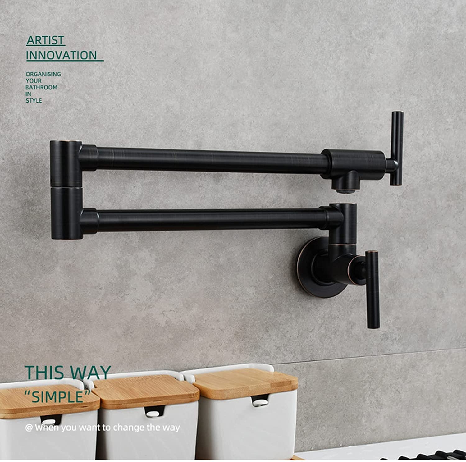 Brass Single Cold Water Kitchen Faucet - Commercial Sink Filler Faucet with Foldable, Extendable Dual-Jointed Swing Arms, Single Hole, Two Handles - Ideal for Restaurants, Cafes, and Home Kitchens