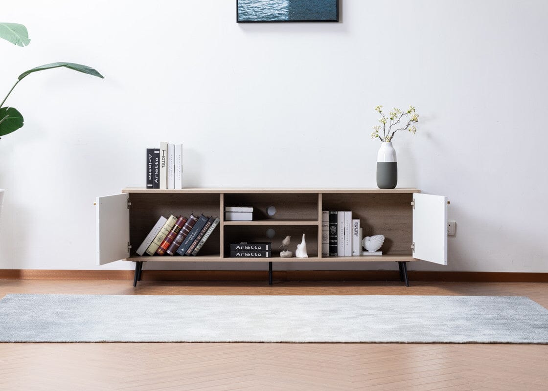 Aurora Light Brown Wood Finish TV Stand with 2 White Cabinets & Modular Shelves - Modern Entertainment Center for Living Room & Home Theater